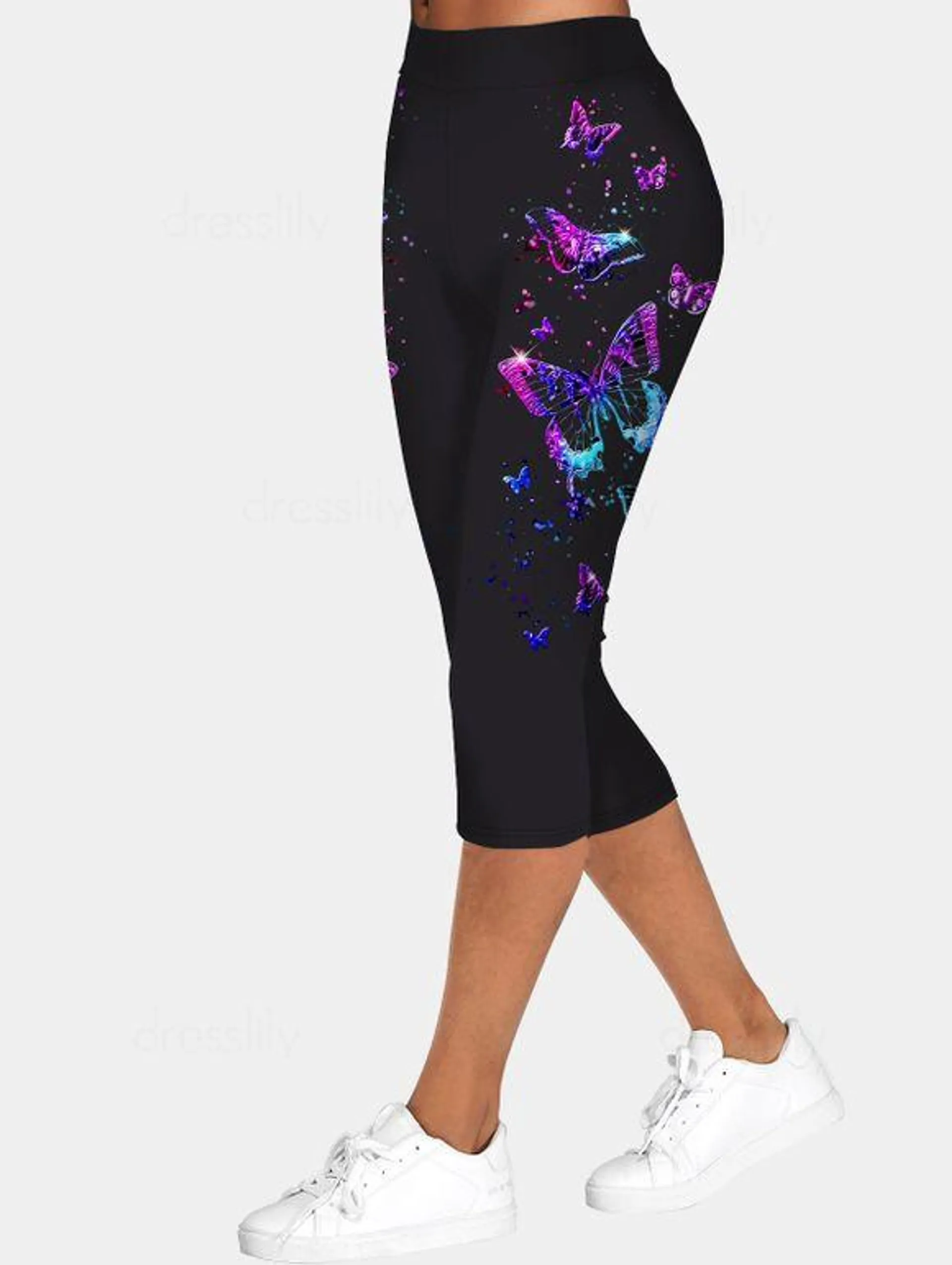 Legging Capri Moulant Décontracté à Imprimé Papillon à Taille Elastique