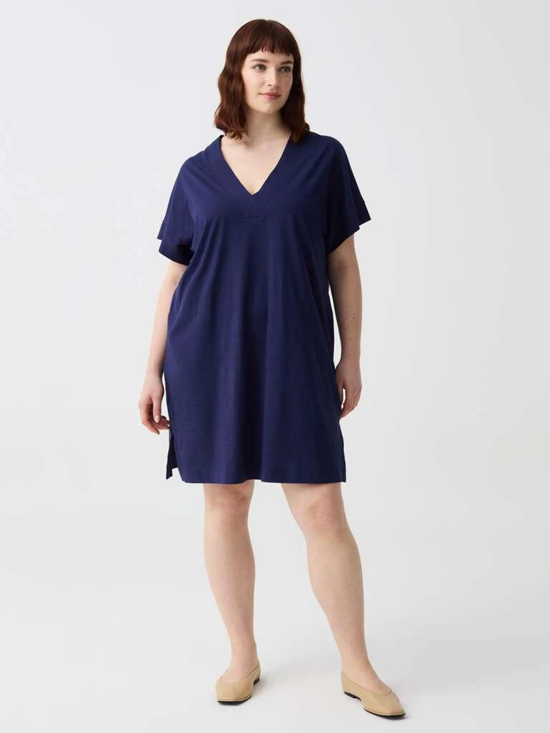 Essential Curvy short dress in jersey with V neck Bleu foncé