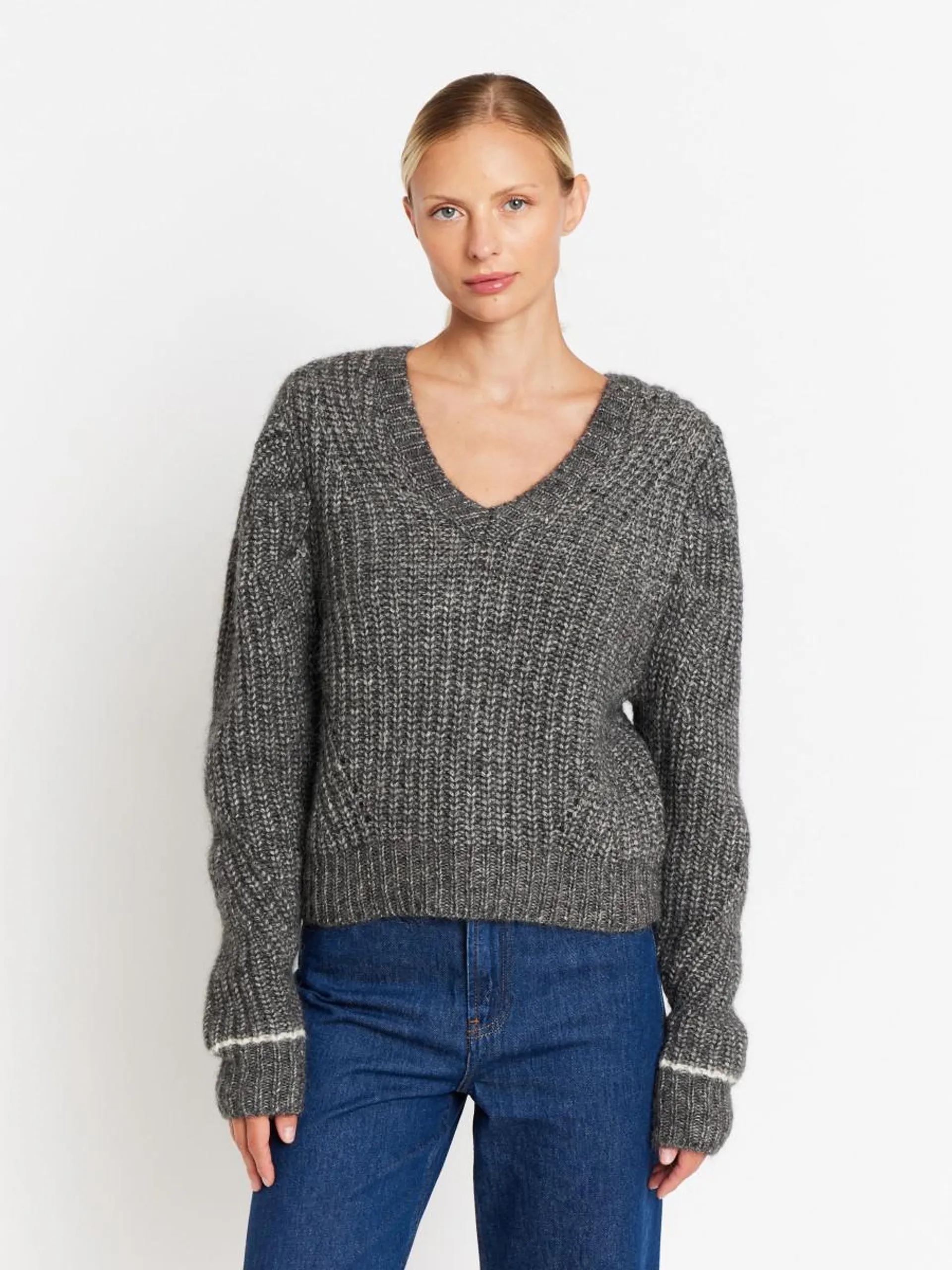 ALOISE | Pull gris col V manches bouffantes