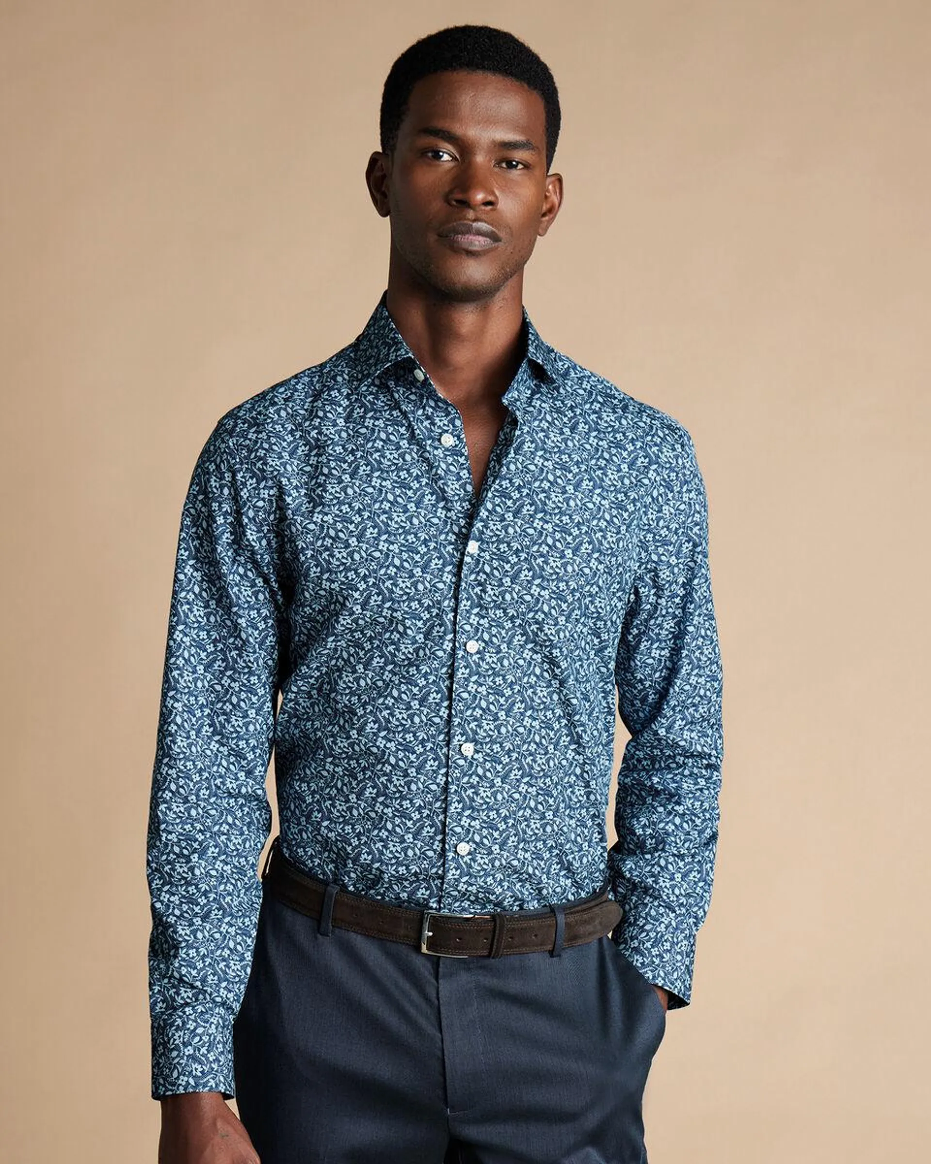 details about product: Made with Liberty Fabric Semi-Cutaway Collar Floral Print Shirt - Steel Blue