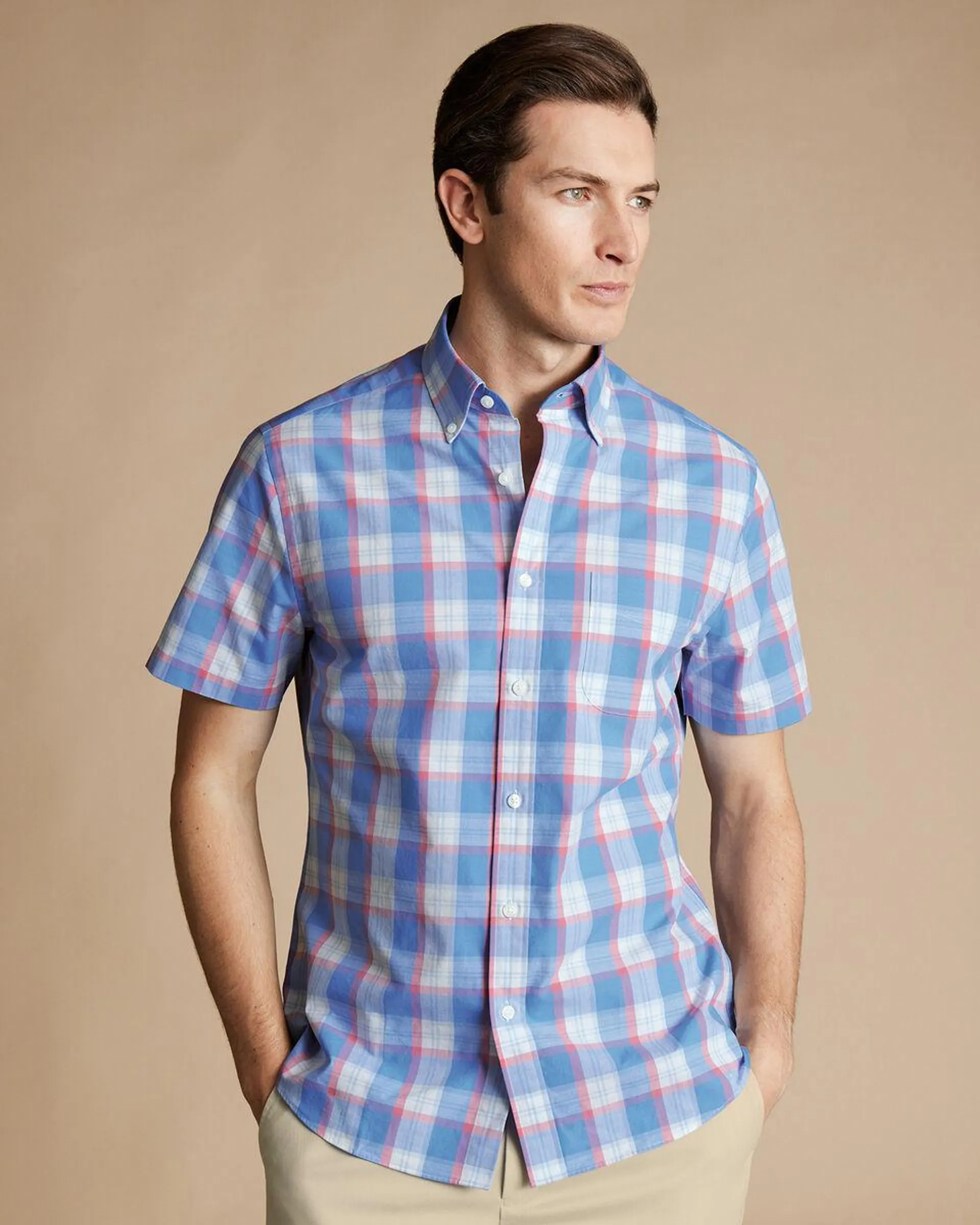 Button-Down Collar Non-Iron Stretch Poplin Overcheck Slub Short Sleeve Shirt - Cornflower