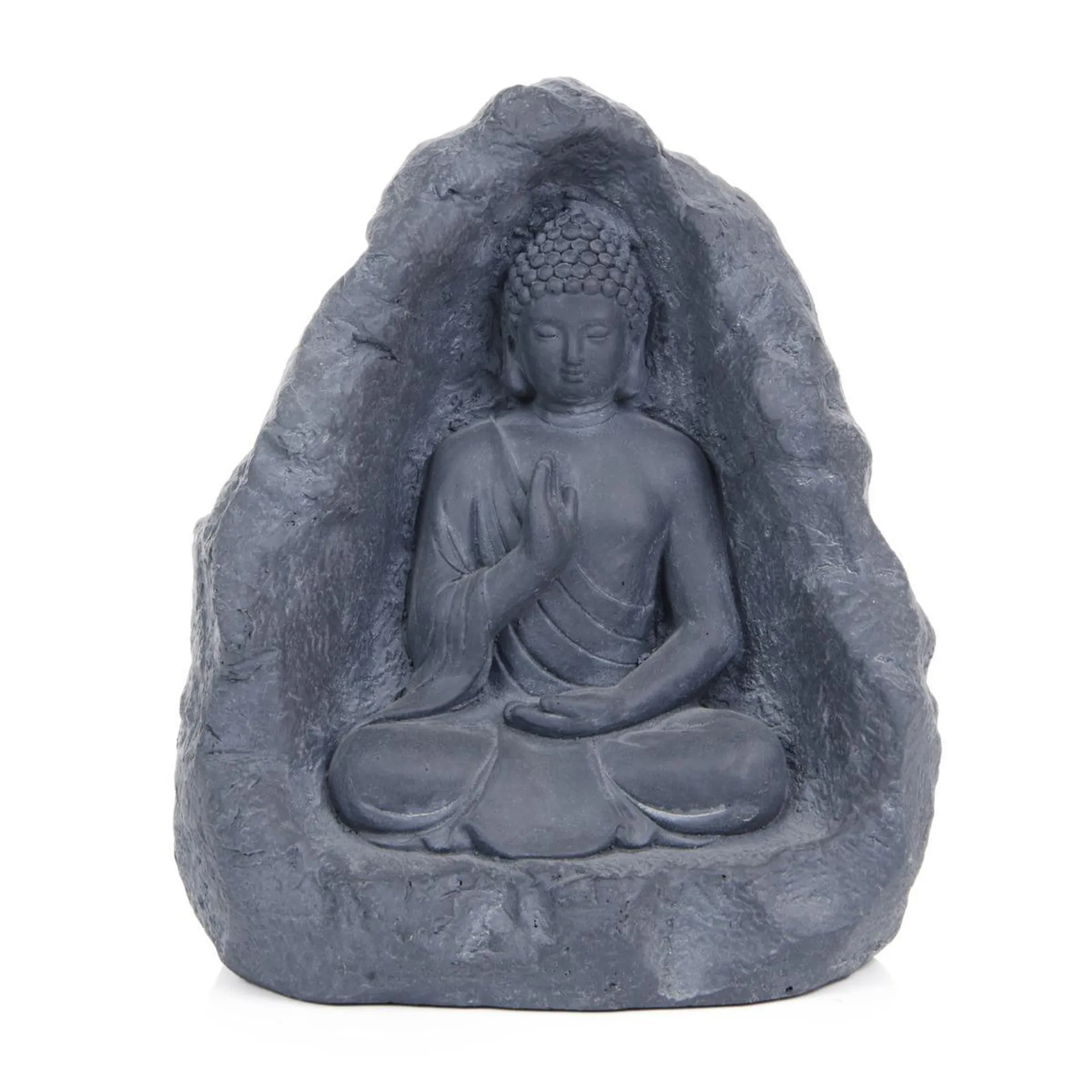 Bouddha assis dans la roche en fibre d'argile - 27 x 18 x H 32 cm - Gris