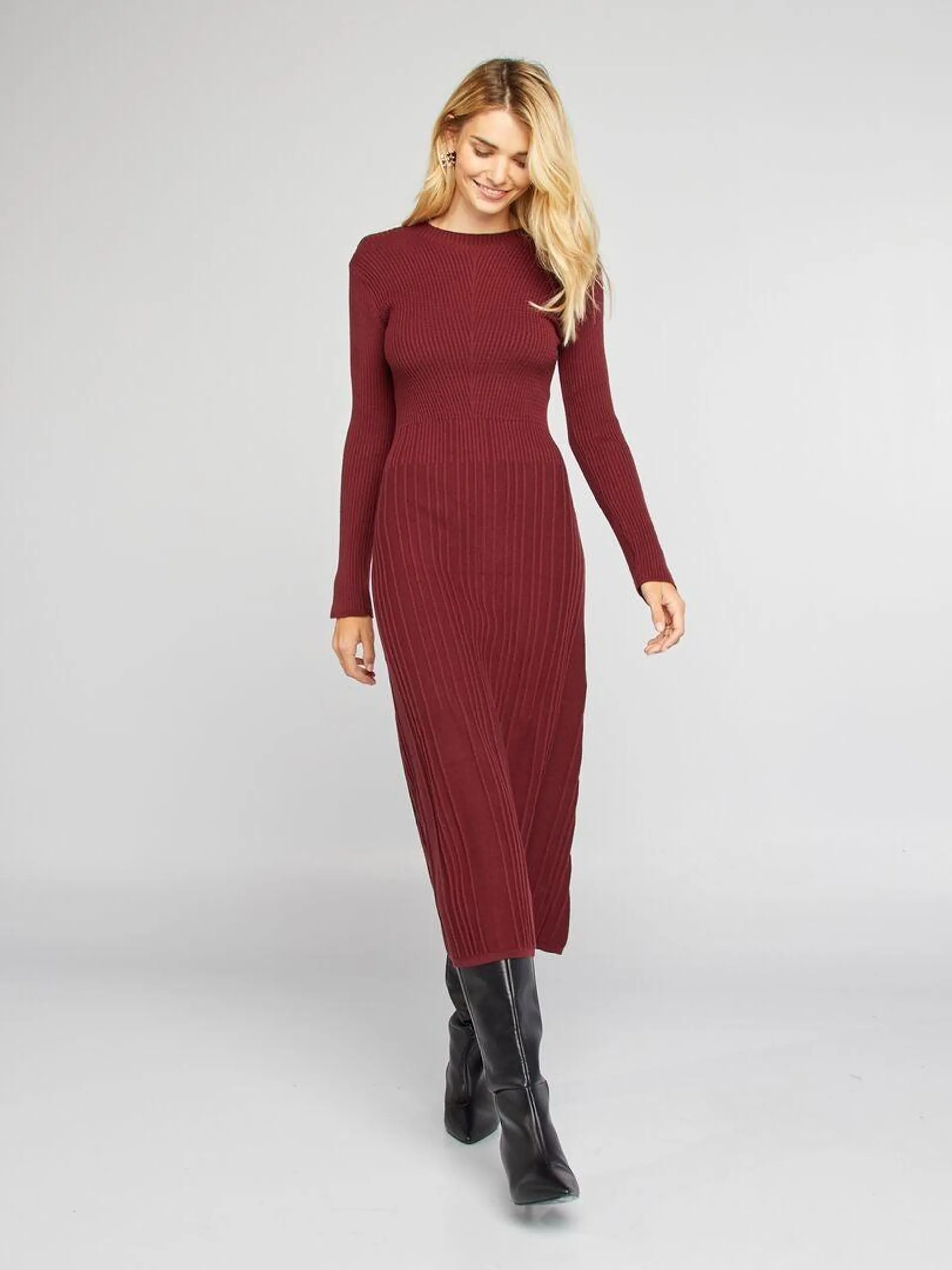 Robe pull midi côtelée - Rouge