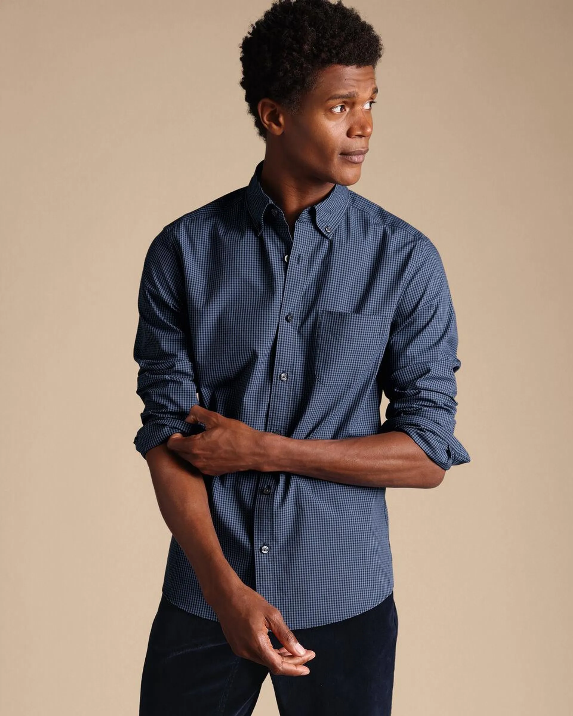 details about product: Button-Down Collar Non-Iron Stretch Poplin Mini Gingham Shirt - Indigo Blue