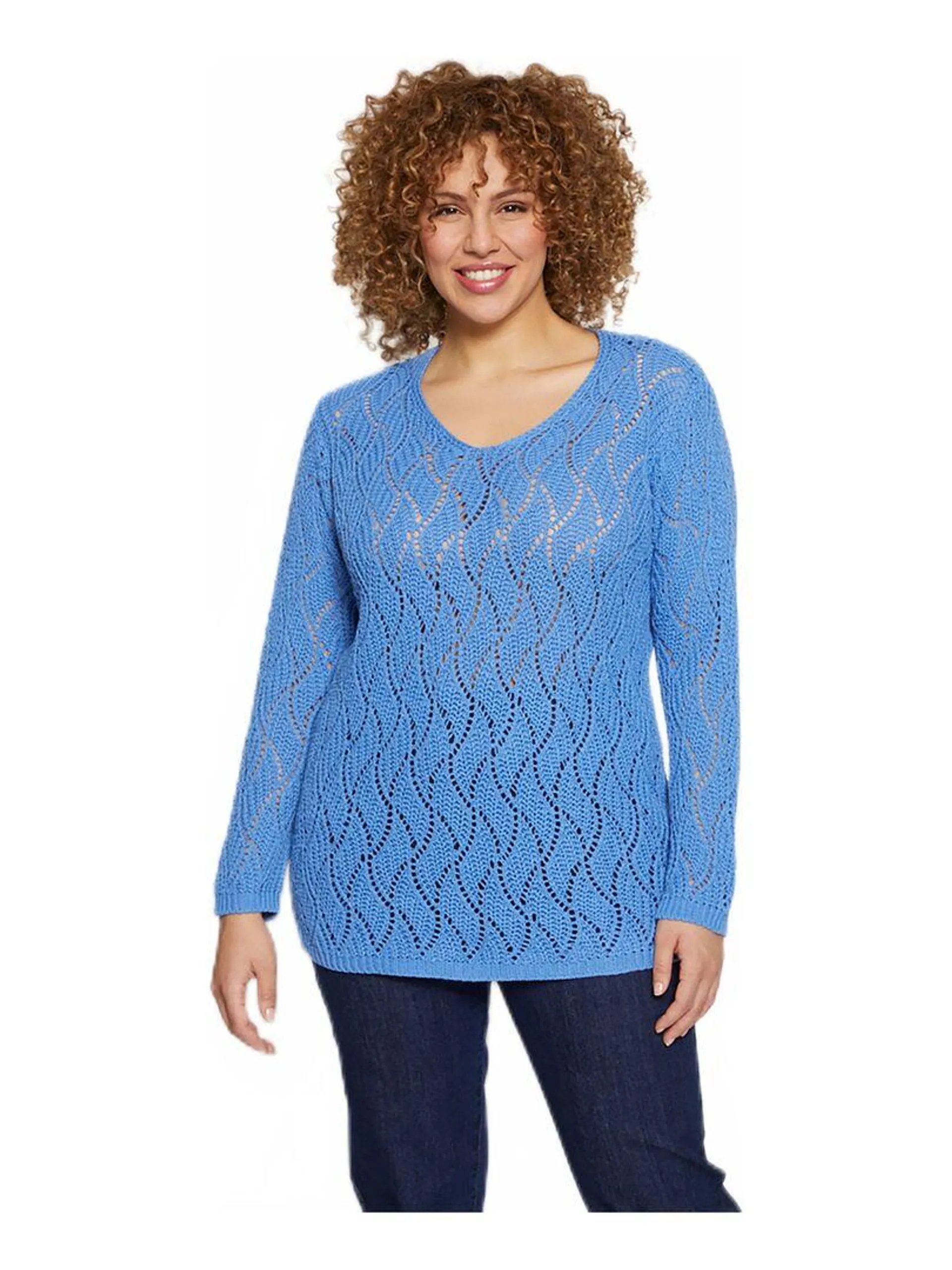 Pull maille fantaisie ajourée col V - Bleu