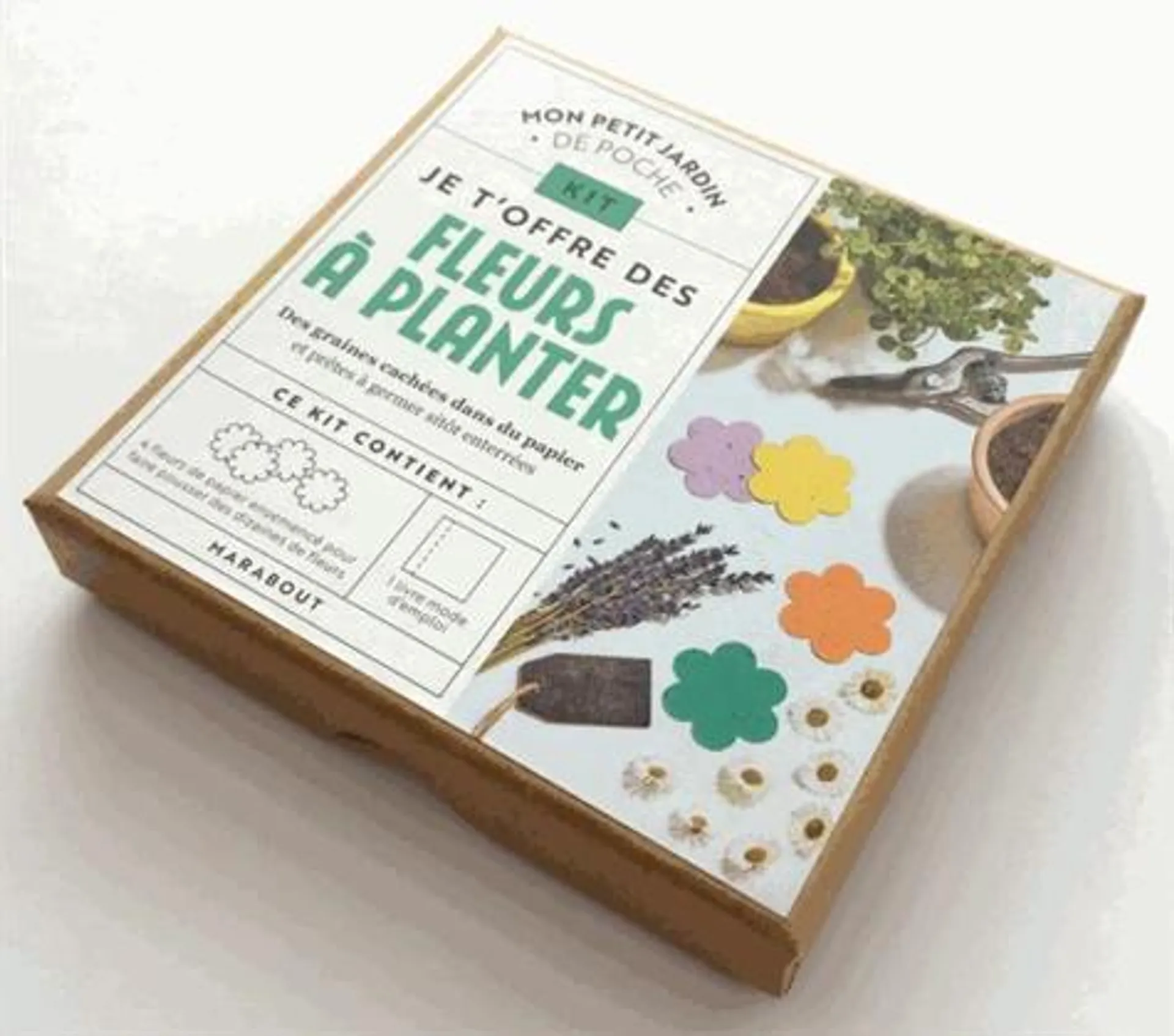 Kit Mon petit jardin de poche Je t'offre des fleurs à planter - Des graines cachées dans du papier et prête à germer sitôt enterrées. Le livre mode d'emploi avec 4 fleurs de papier ensemencé