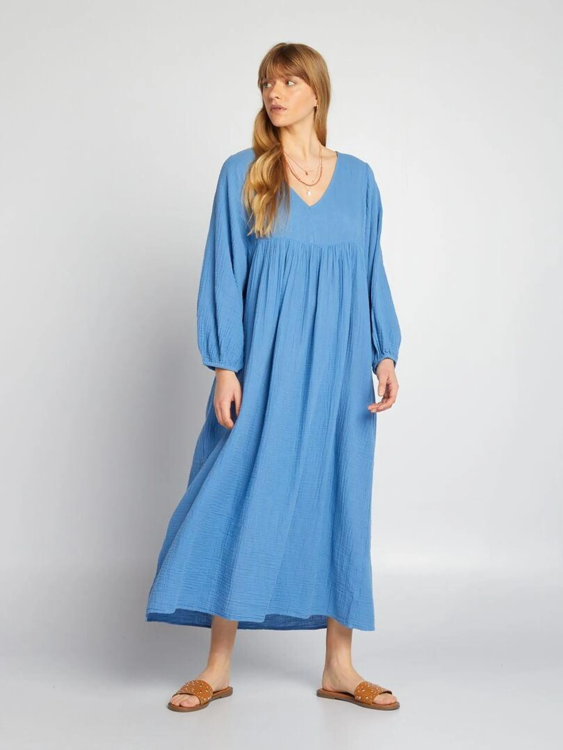 Robe maxi en double gaze de coton - Bleu