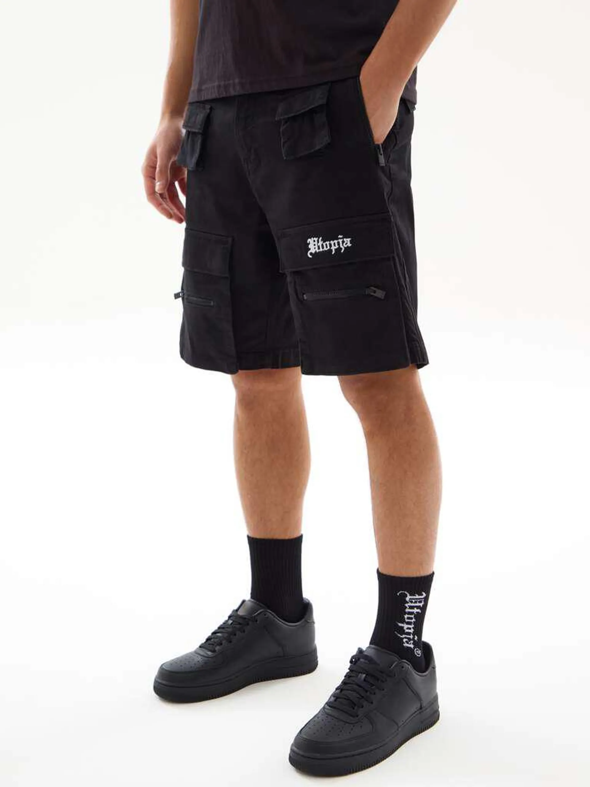 UTOPJA FOR THE SEA BEYOND cargo Bermuda shorts with logo embroidery Noir