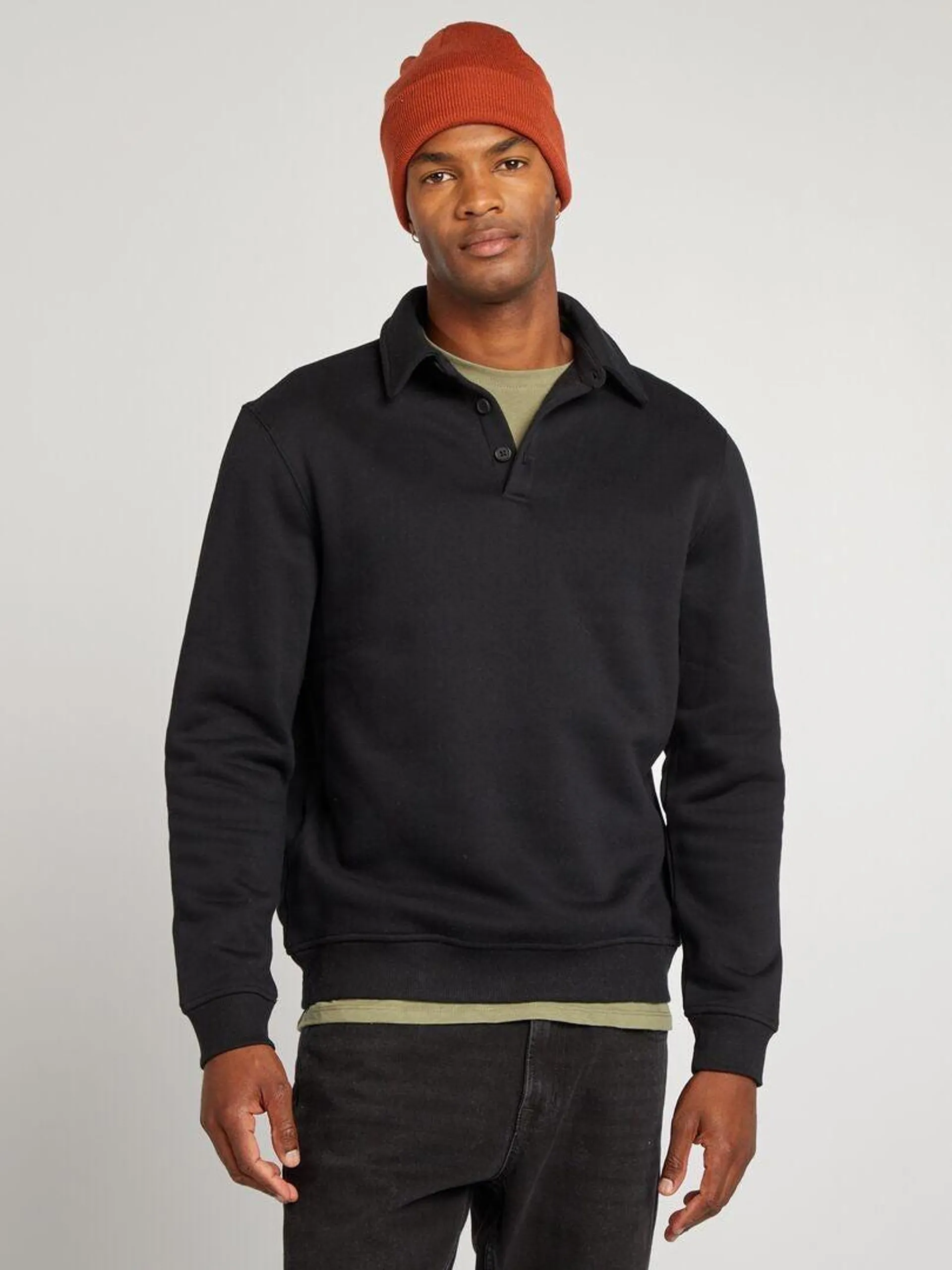 Sweat en molleton col polo - noir