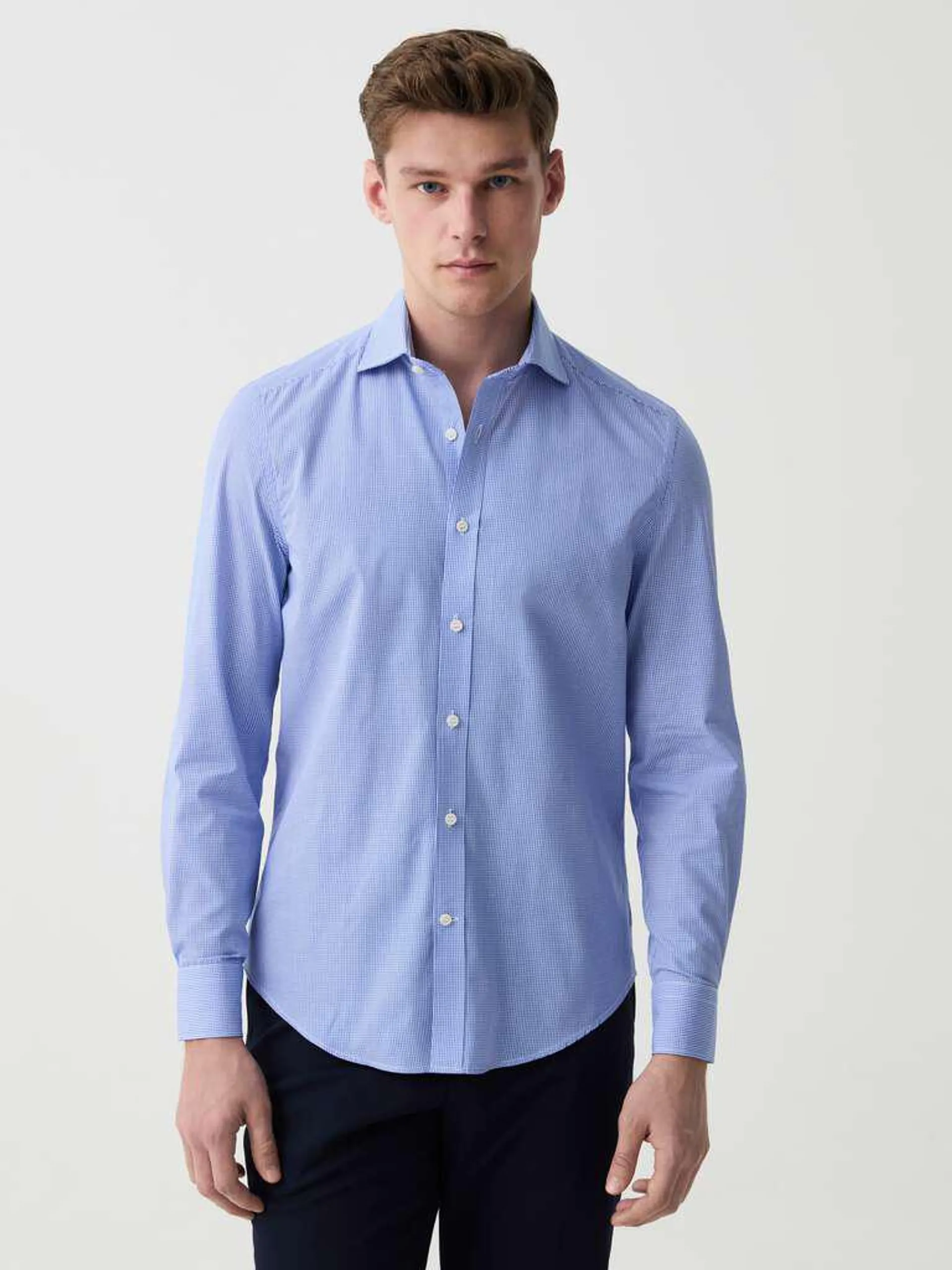White/Blue Slim-fit micro-check shirt