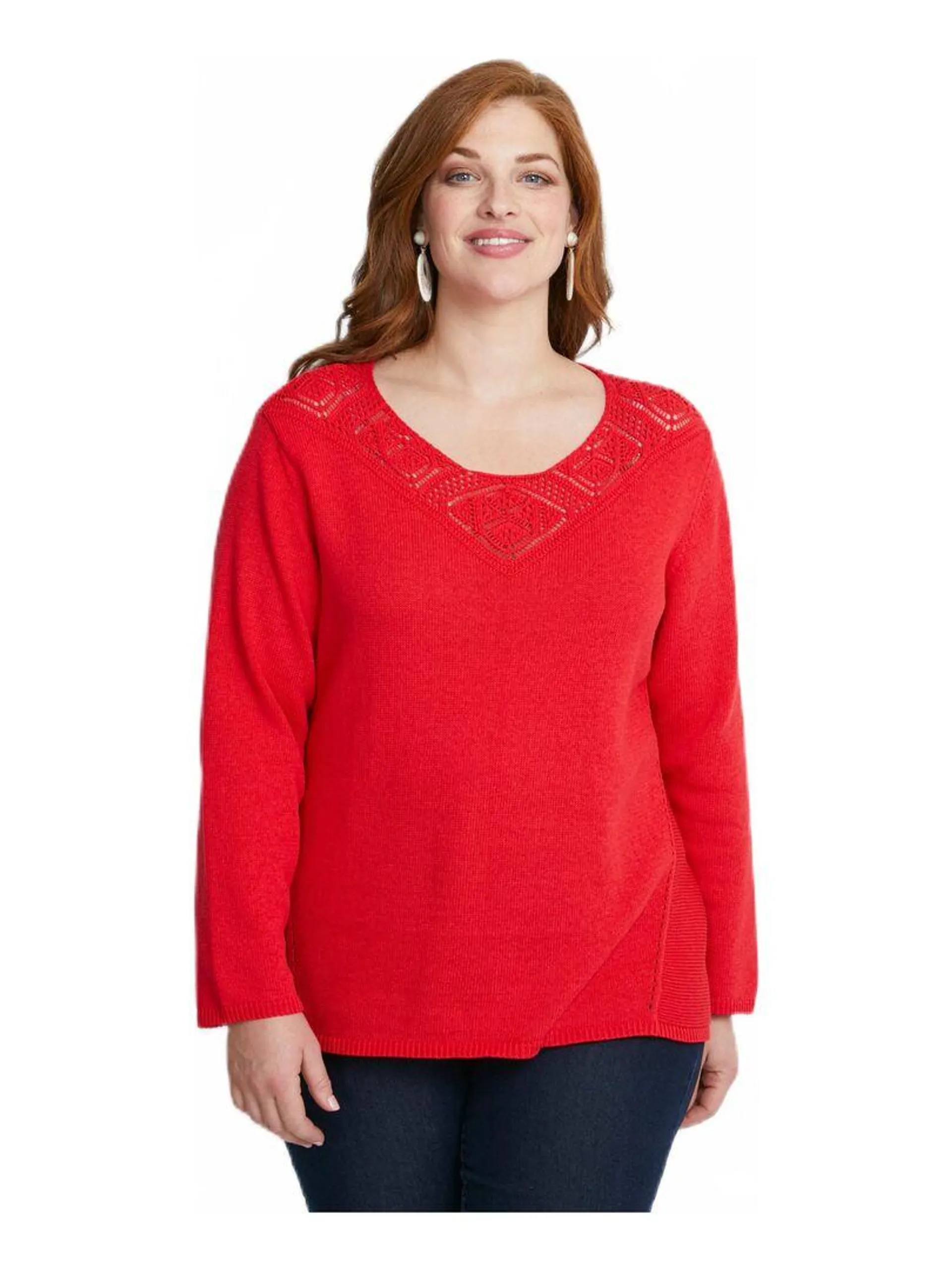 Pull manches longues mailles fantaisie - Rouge