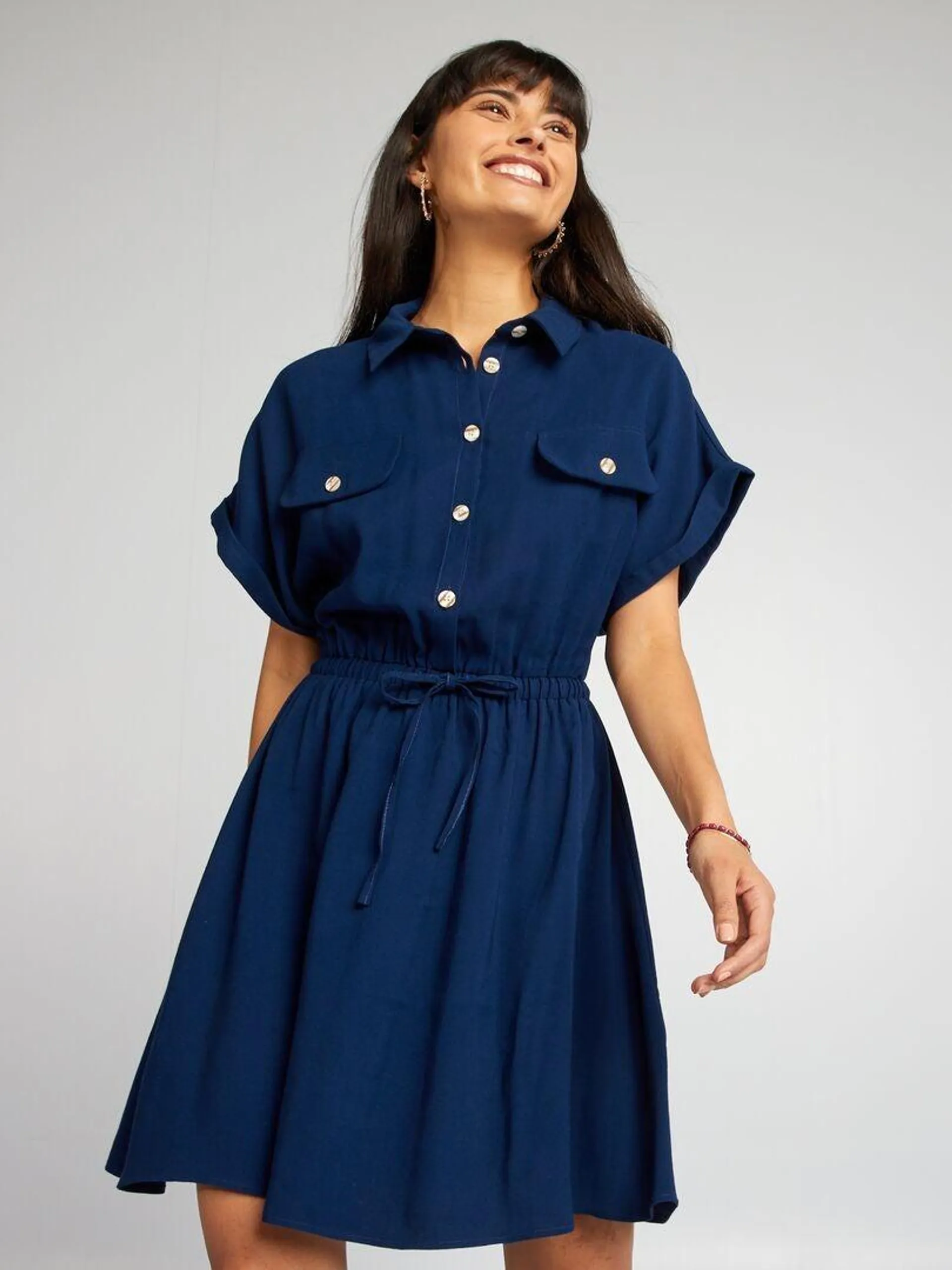 Robe chemise élastiquée - Bleu