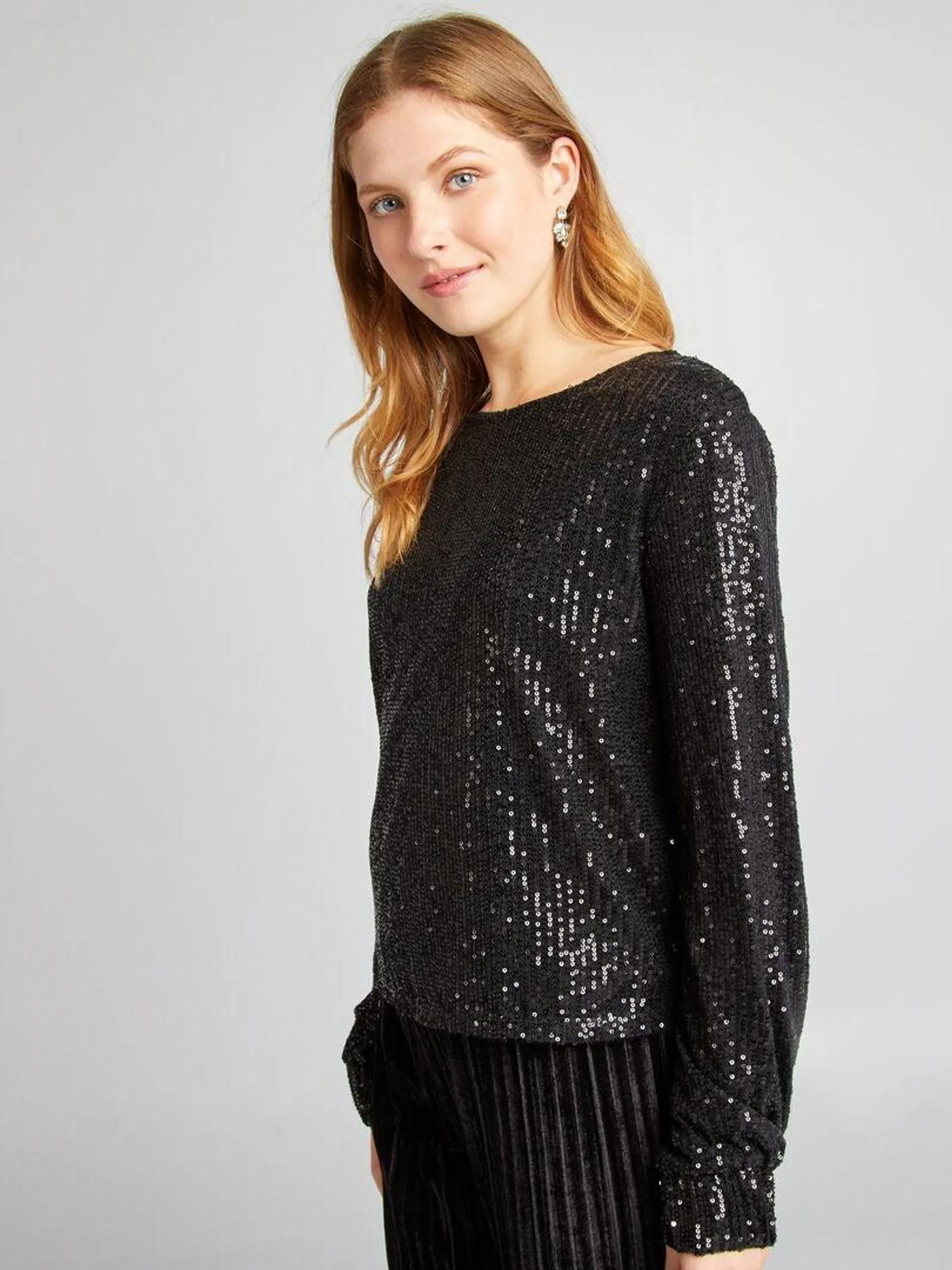 Tee-shirt manches longues en sequins - noir