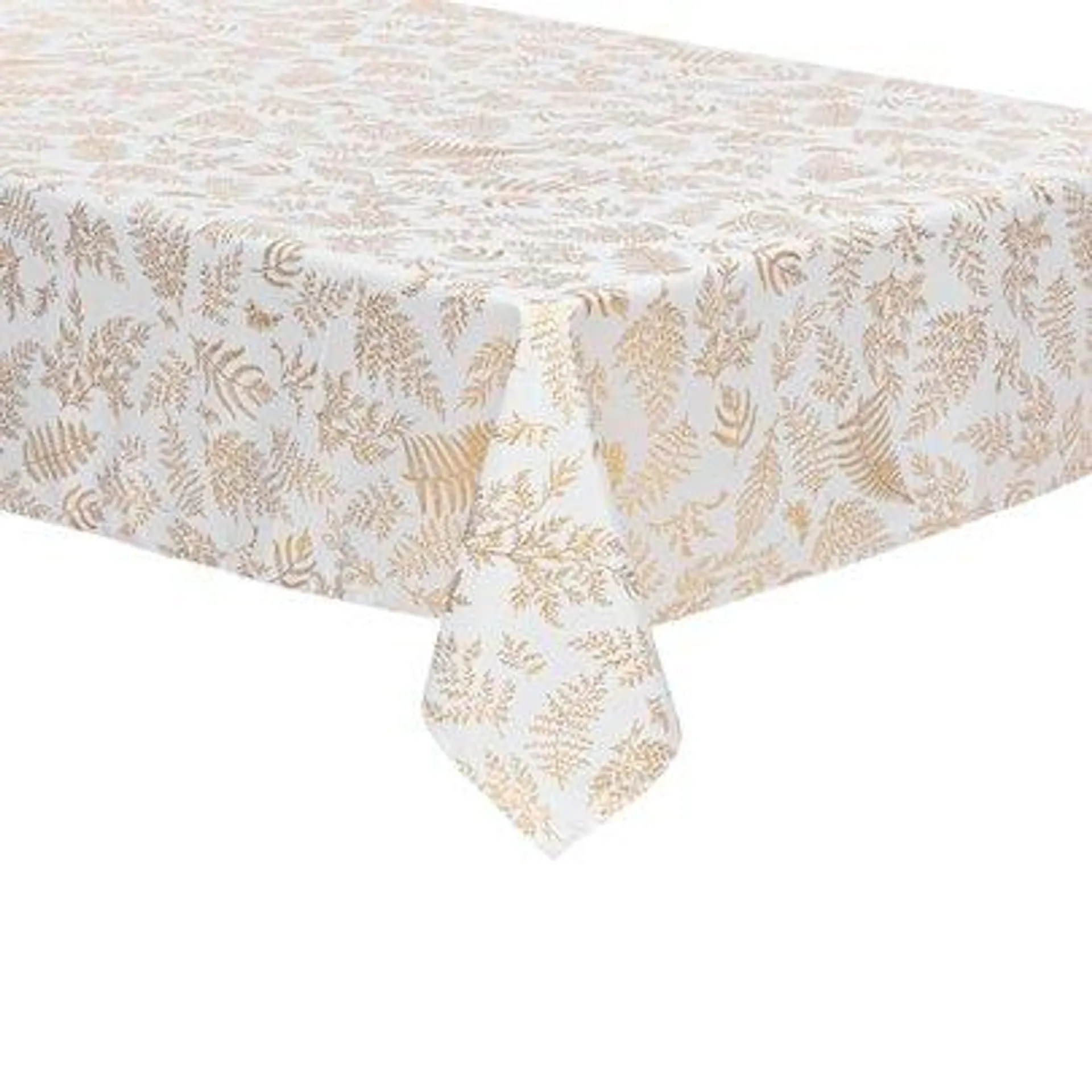 Nappe anti tâches blanche imprimée feuillage dorée