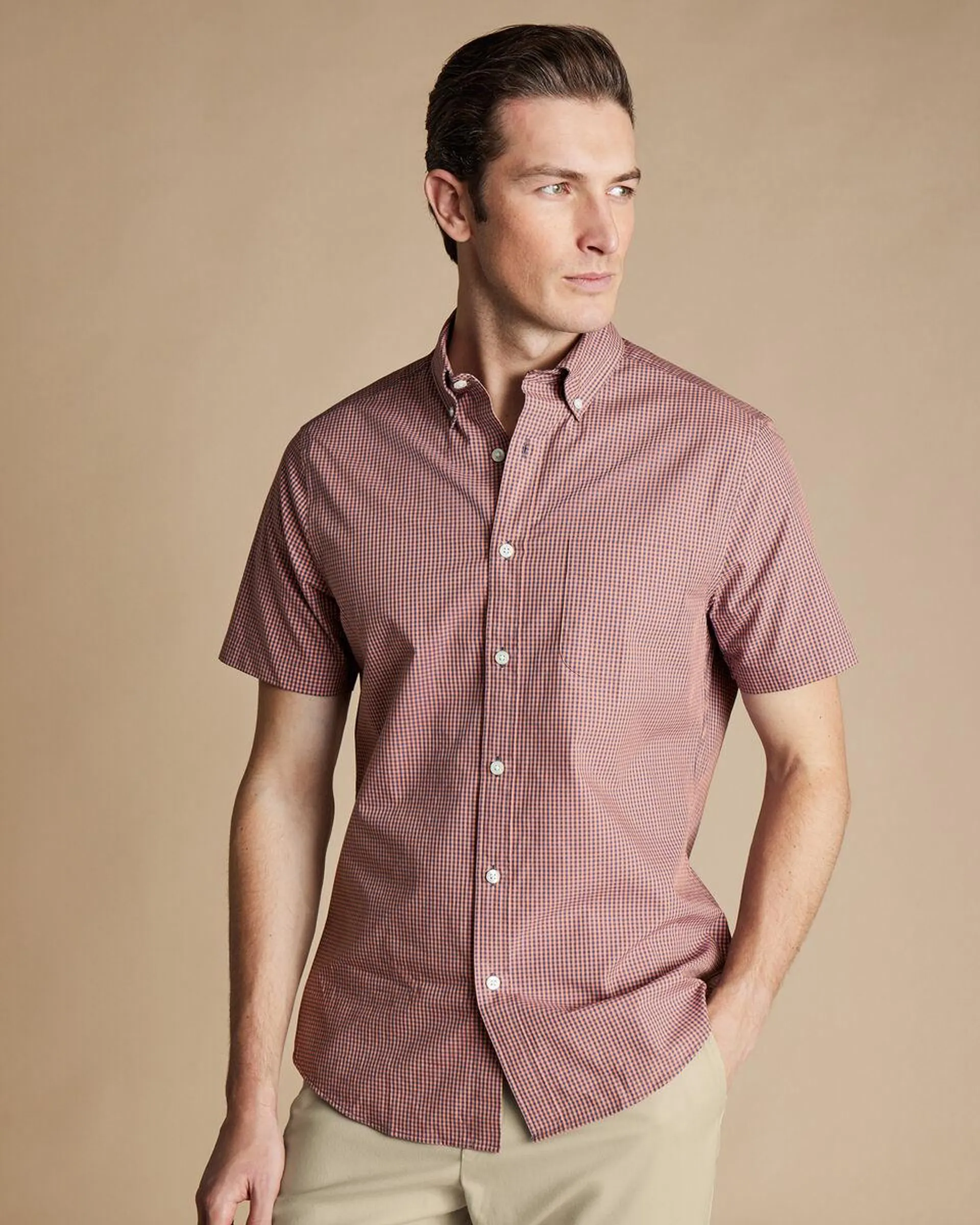 details about product: Button-Down Collar Non-Iron Stretch Poplin Mini Gingham Short Sleeve Shirt - Light Coral Pink
