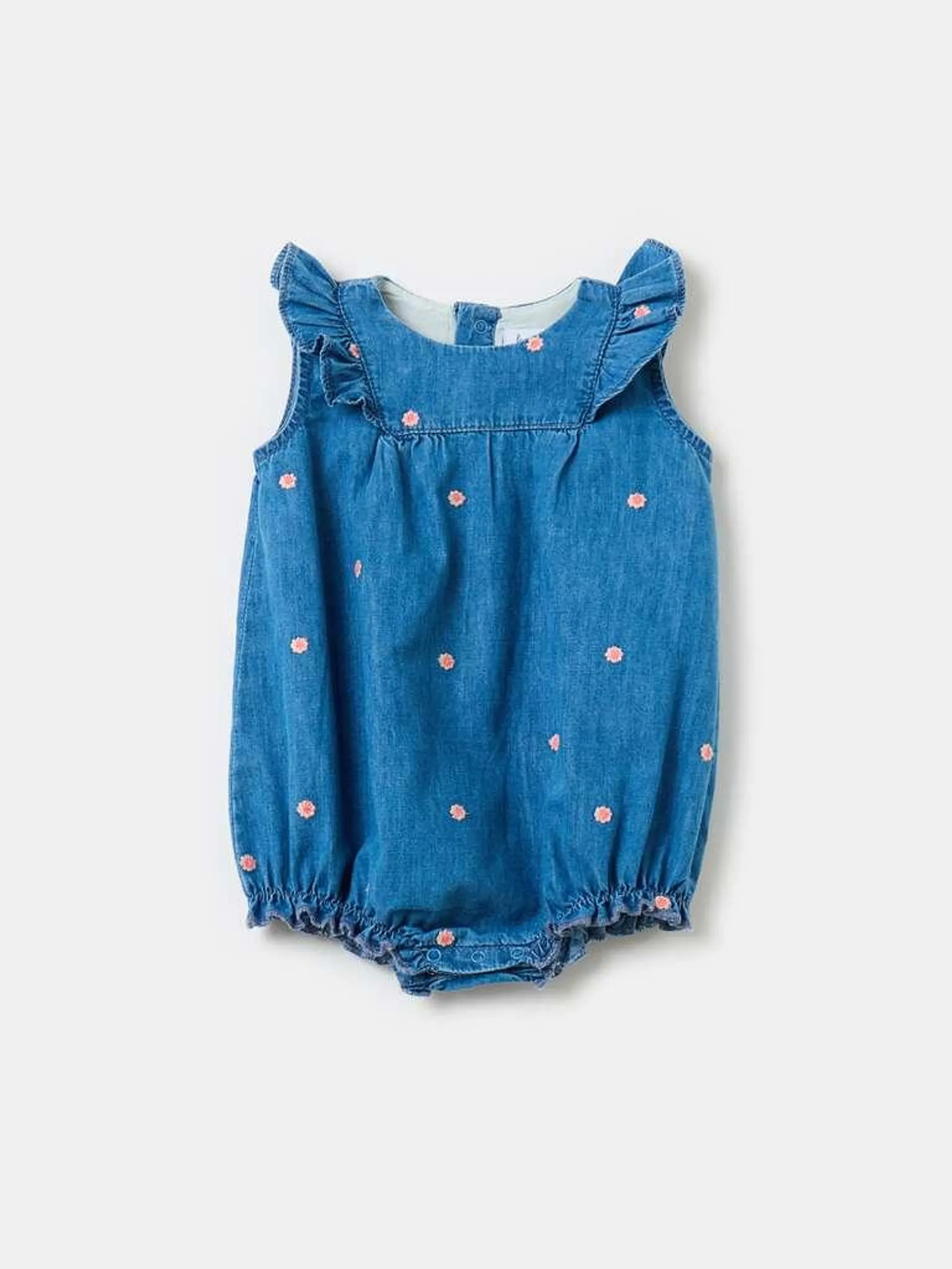 Denim romper suit with small flowers embroidery Décoloration moyenne