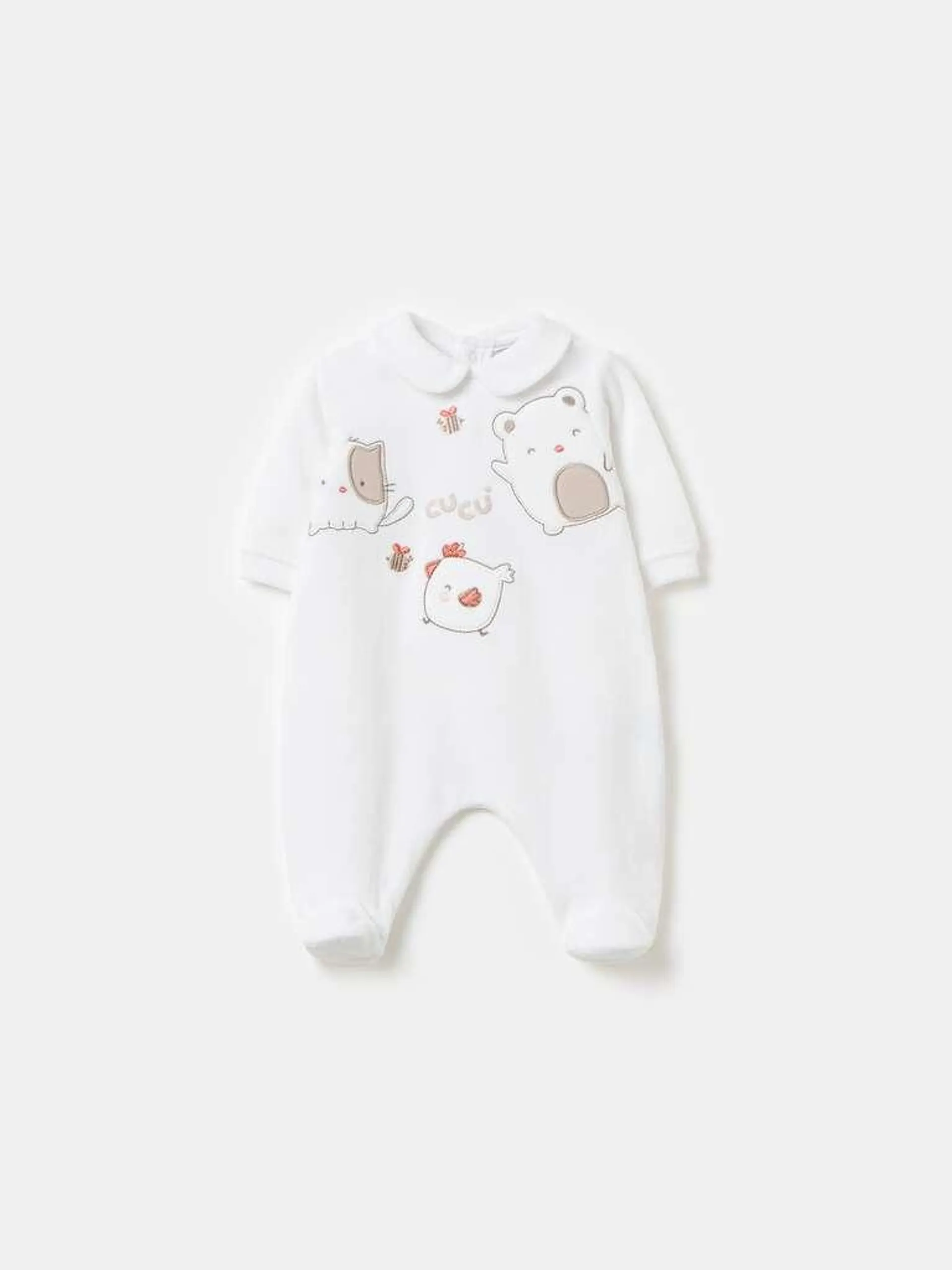 Velour onesie with animal print embroidery Blanc optique