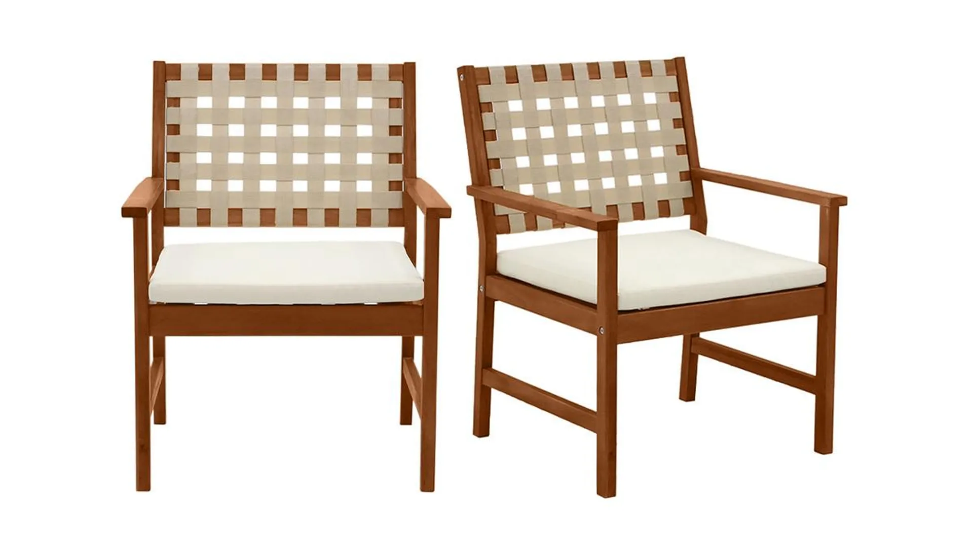 Set de 2 sillones de jardín de madera maciza con cojín blanco y cinchas beige SANTANA