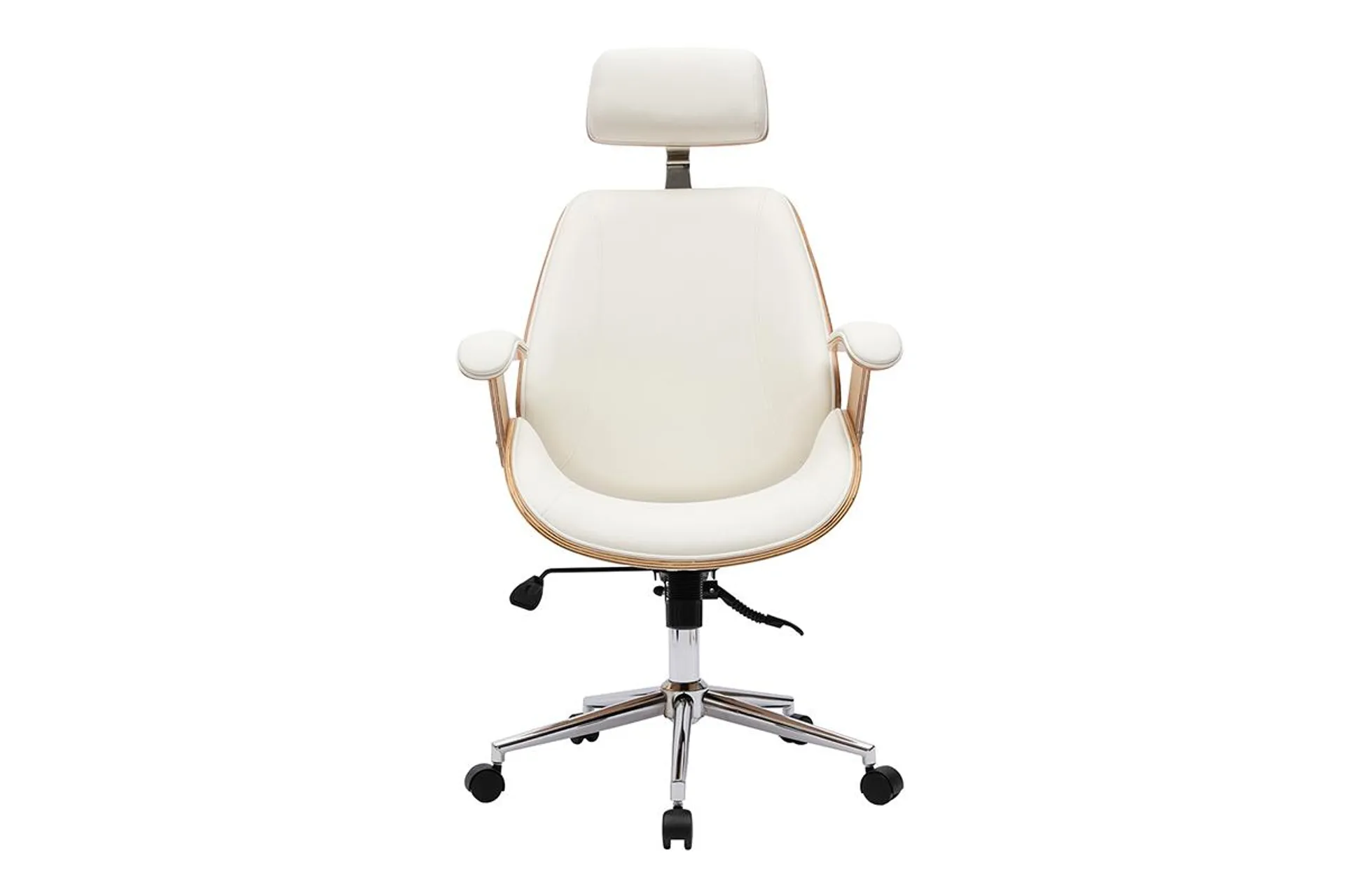 Fauteuil de bureau de direction design blanc, bois clair et acier chromé MUSK