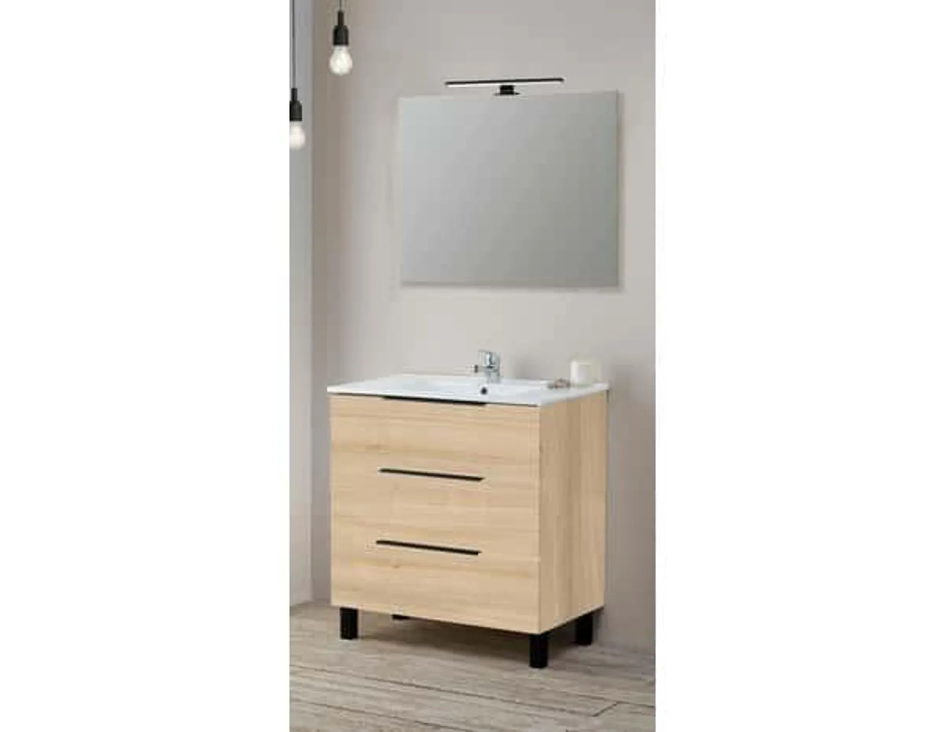 Ensemble "Denver" caisson L. 80 x l. 46 x H. 83 cm. + vasque + miroir + Applique LED