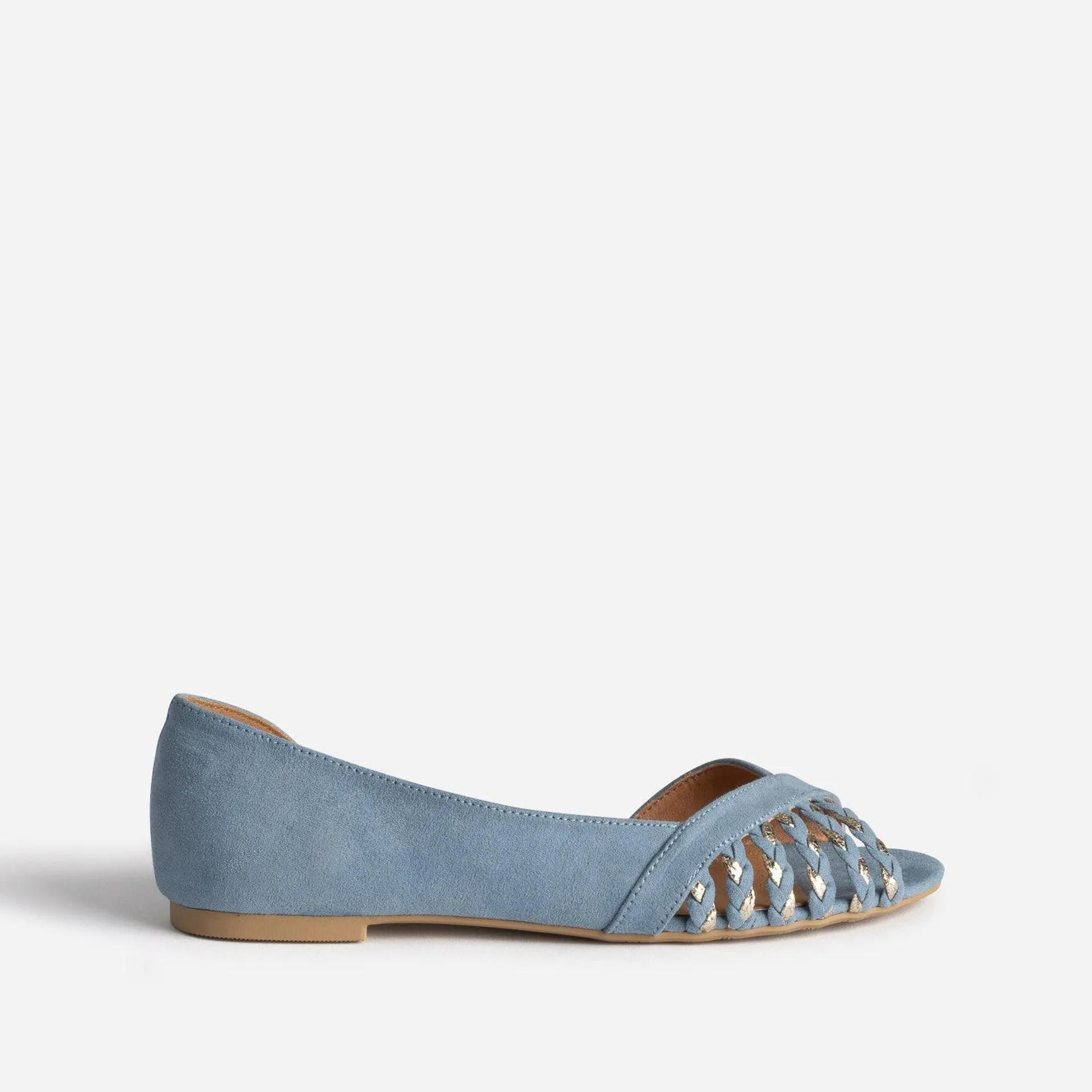 Ballerine bleu pastel suédée et dorée open-toe