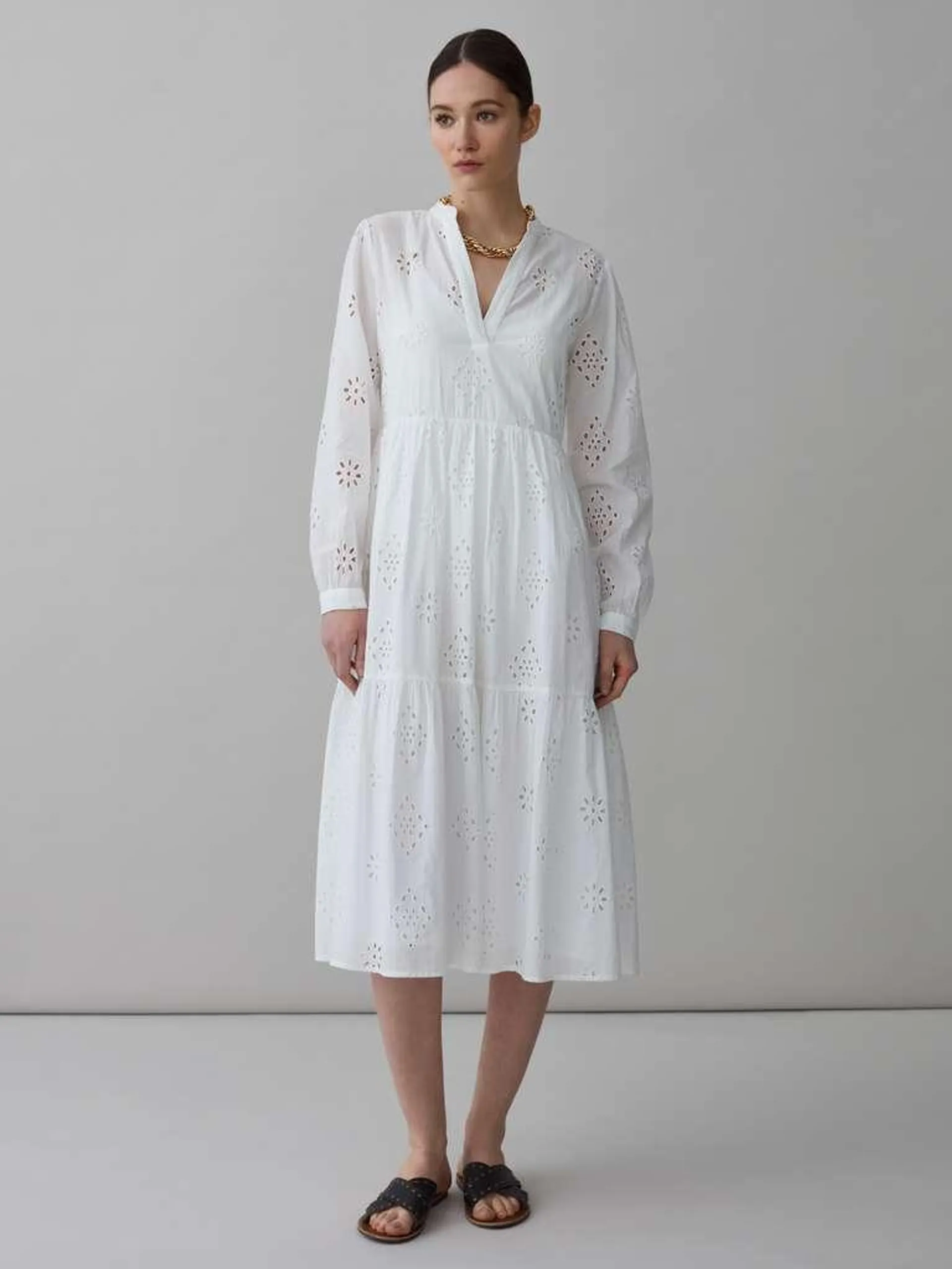 Optical White Broderie anglaise dress with V neck
