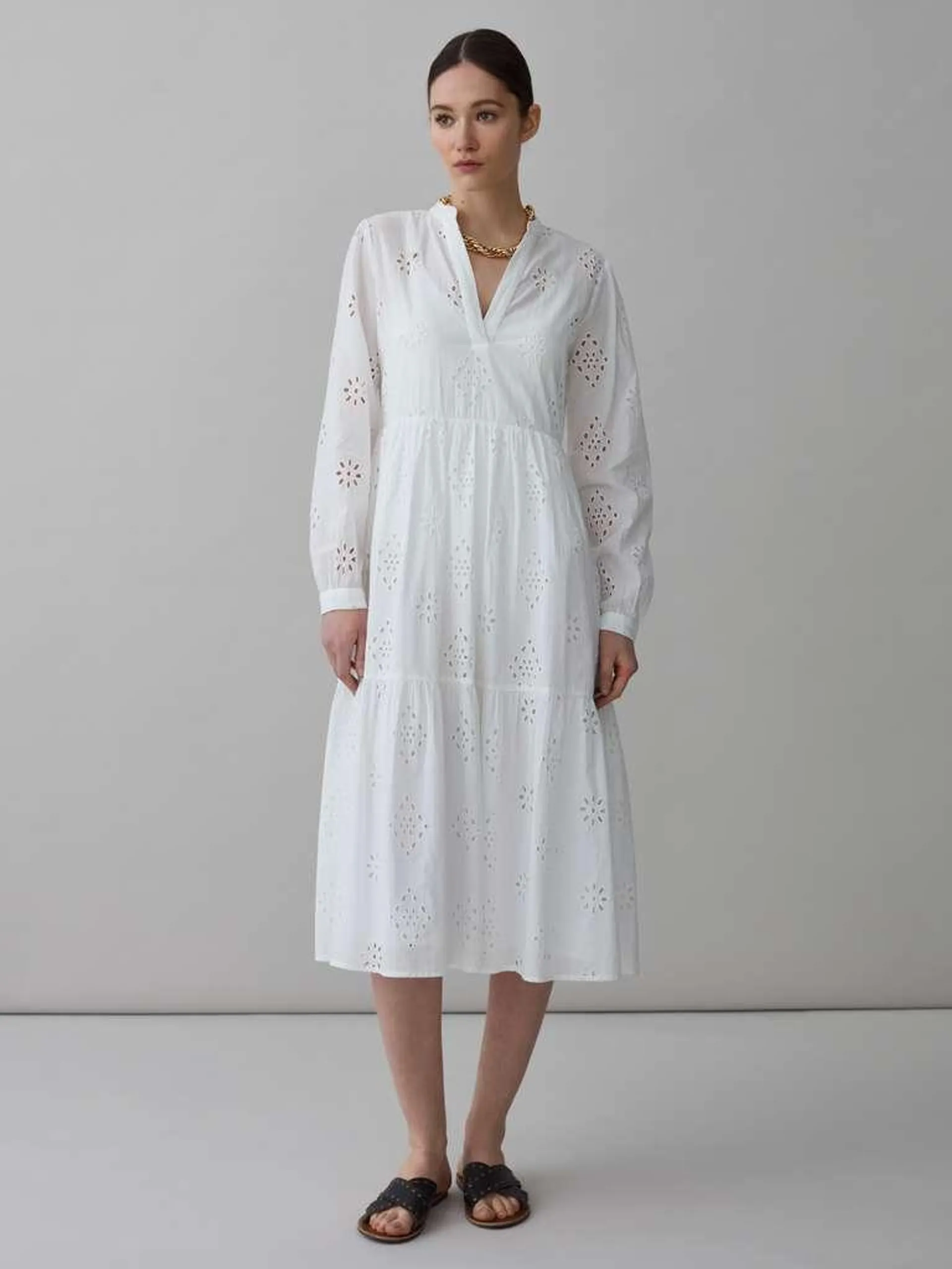 Broderie anglaise dress with V neck Blanc optique