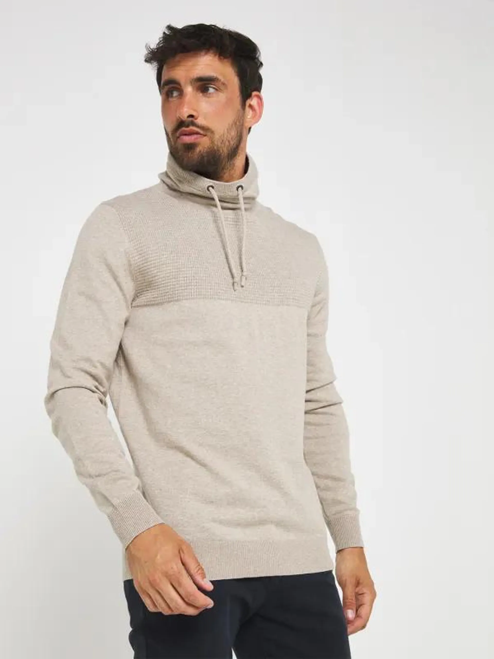 Pull Col Fantaisie Coton Et Cachemire - Taupe