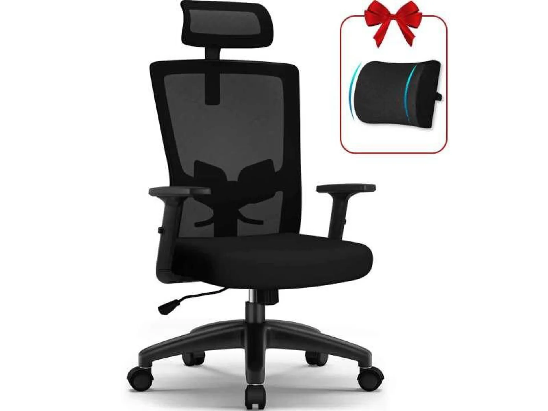 Fauteuil de Bureau Charge 150KG, Chaise de Bureau Livré avec Bonus de Oreiller Lombaire Ergonomique, Dossier Inclinable, Fauteuil de Bureau Ergonomique, Coussin Confortable en Mousse à Mémoire