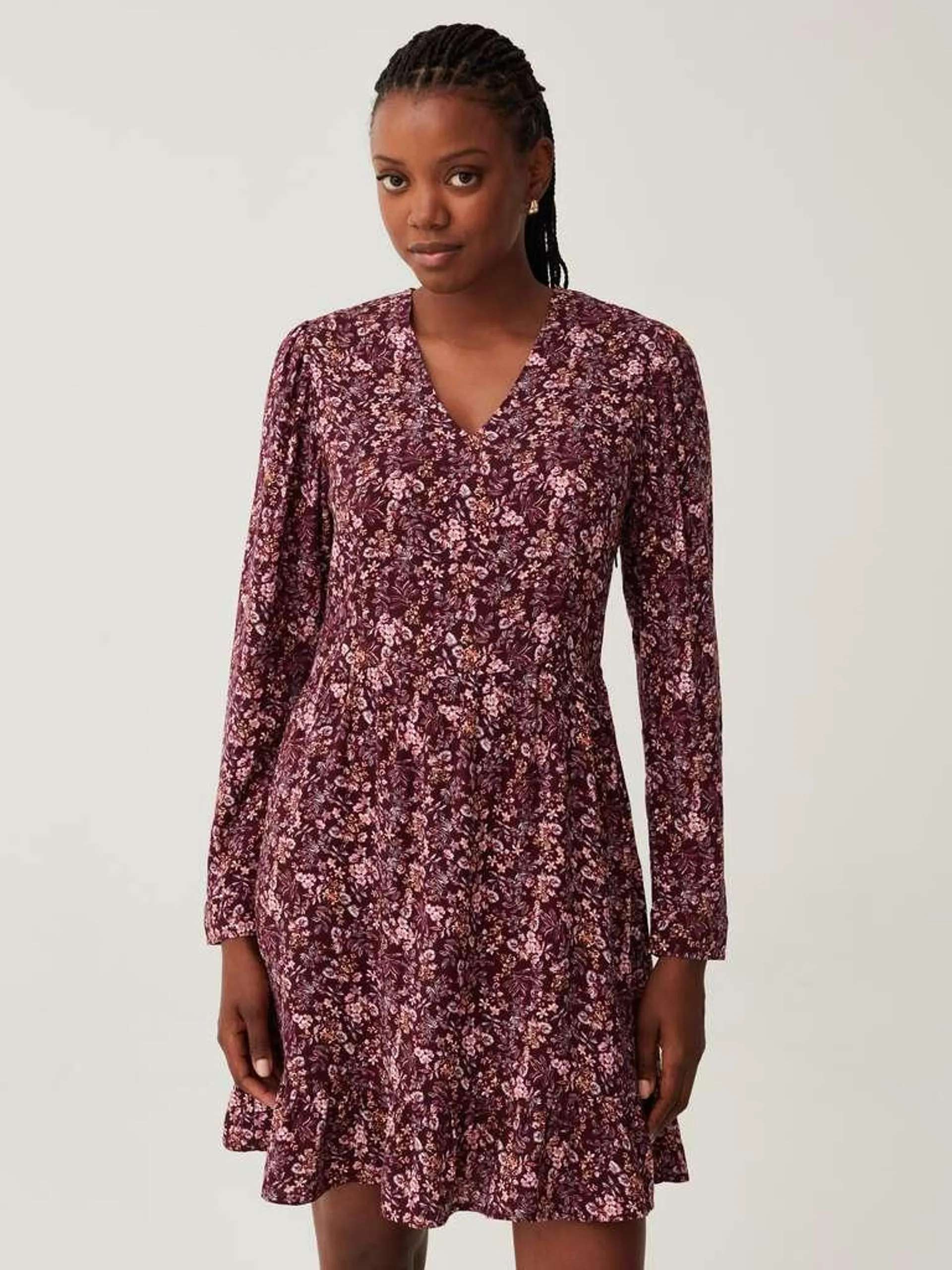 Short dress in viscose with V neck Rose/violet