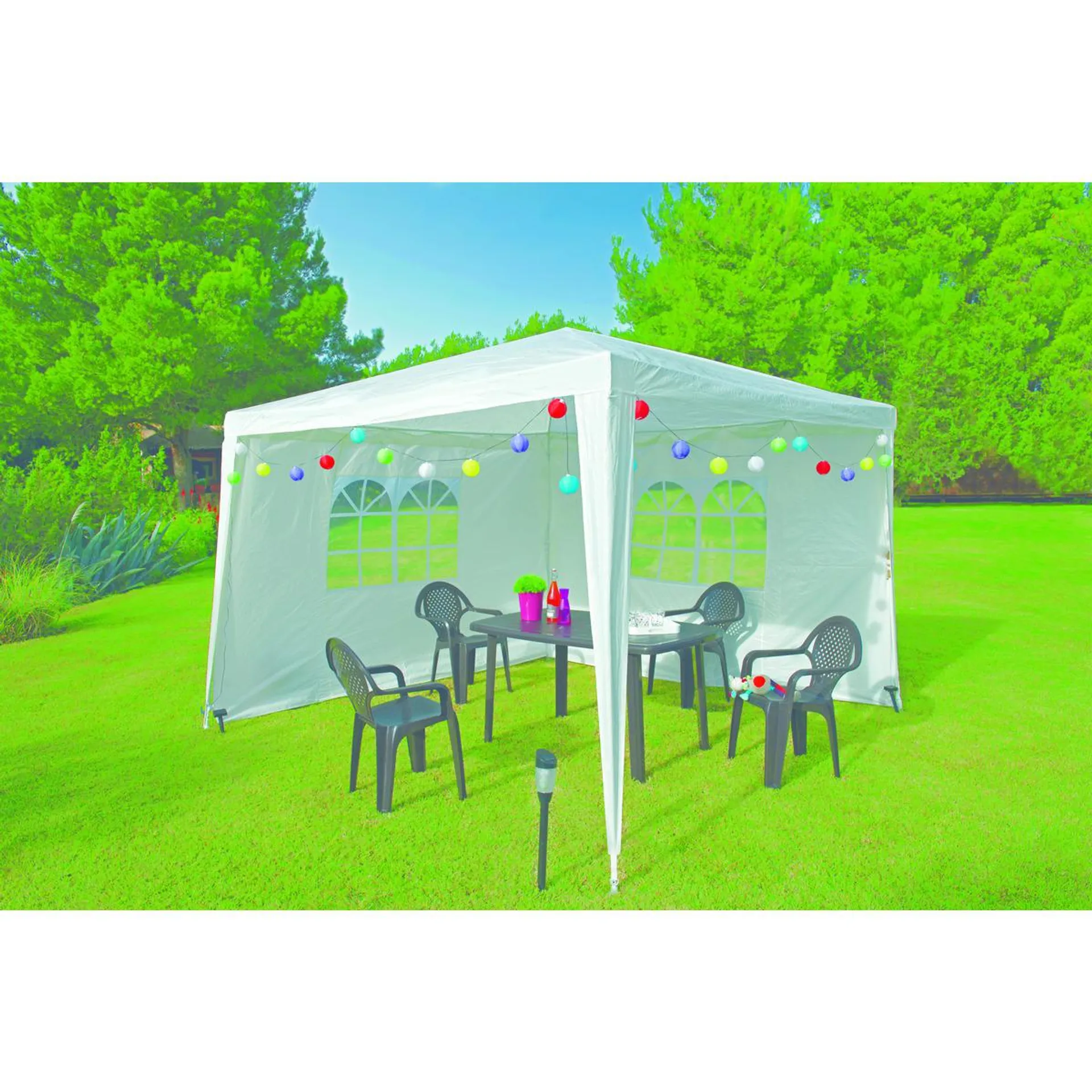 Tonnelle avec 3 rideaux - 3 x 3 x H 2,45 m - Blanc