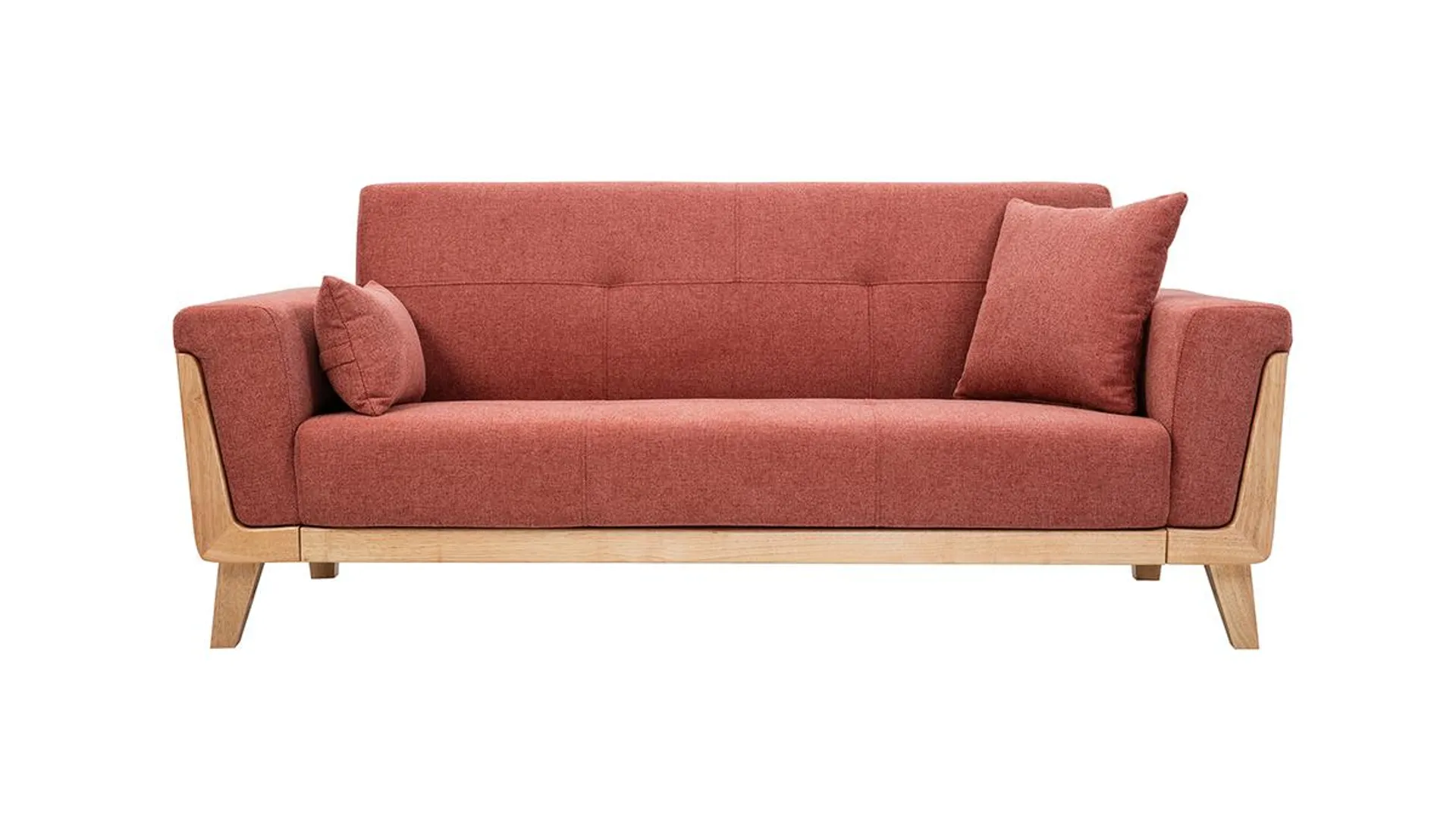 Canapé scandinave 3 places en tissu effet velours texturé terracotta et bois clair FJORD