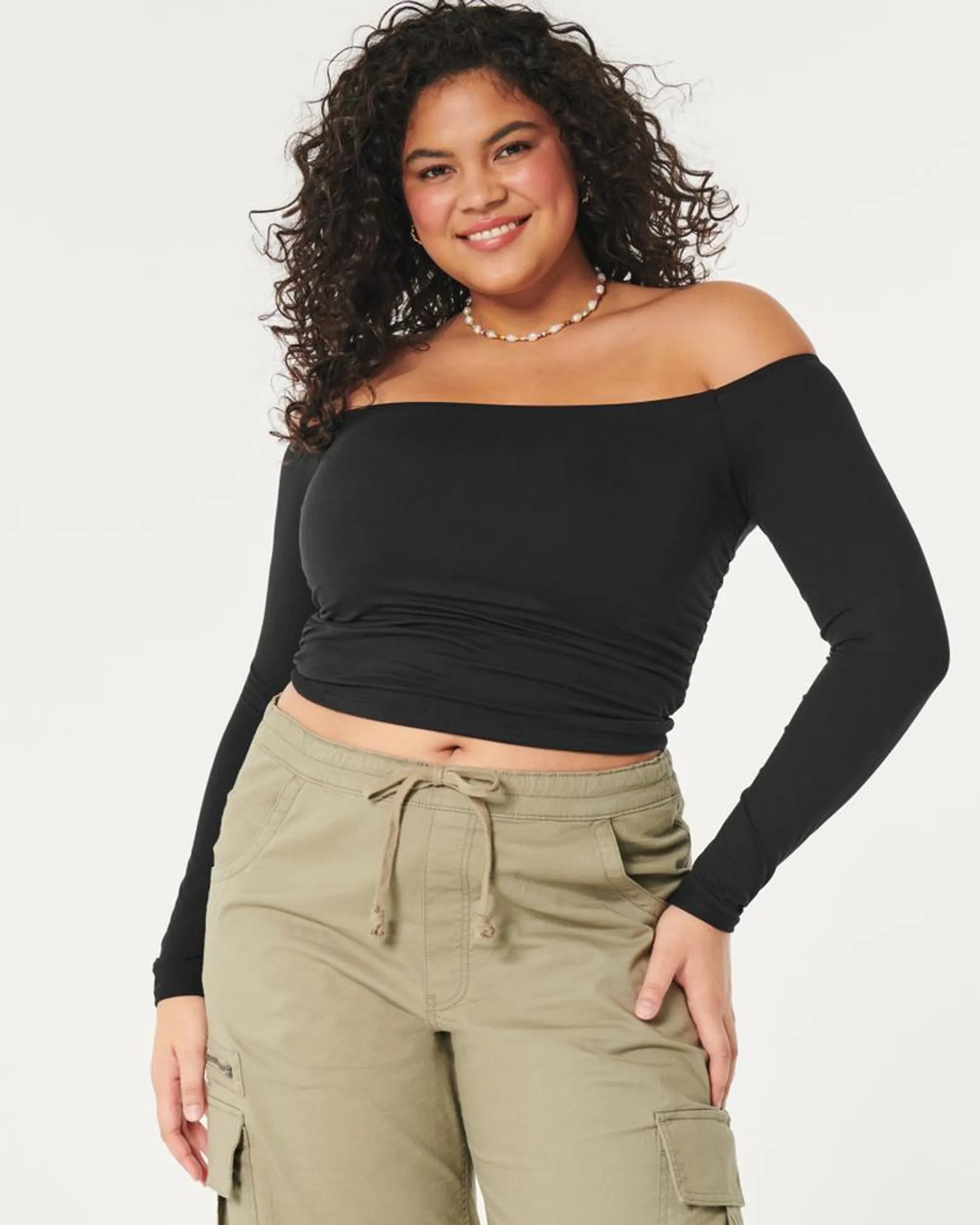 Soft Stretch Seamless Fabric Off-the-Shoulder Shirred Top