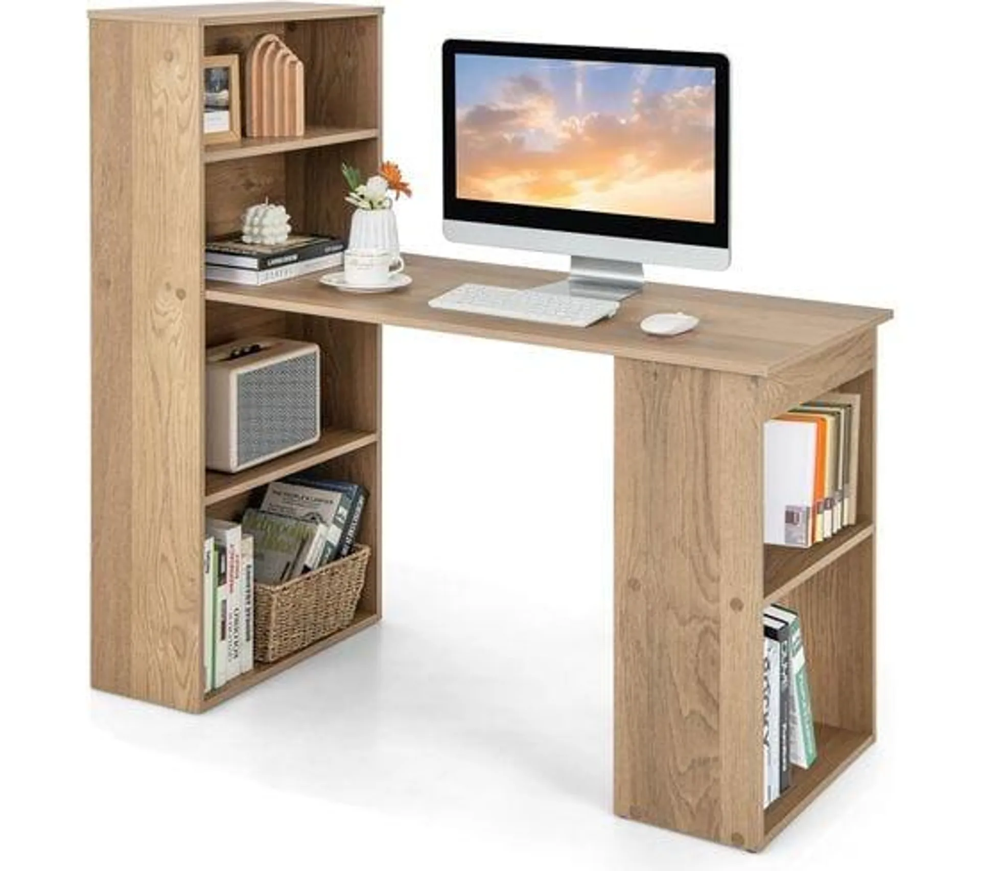 Bureau D'ordinateur Réversible Avec Bibliothèque,assemblage Facile, Pour Maison, Bureaux (naturel)