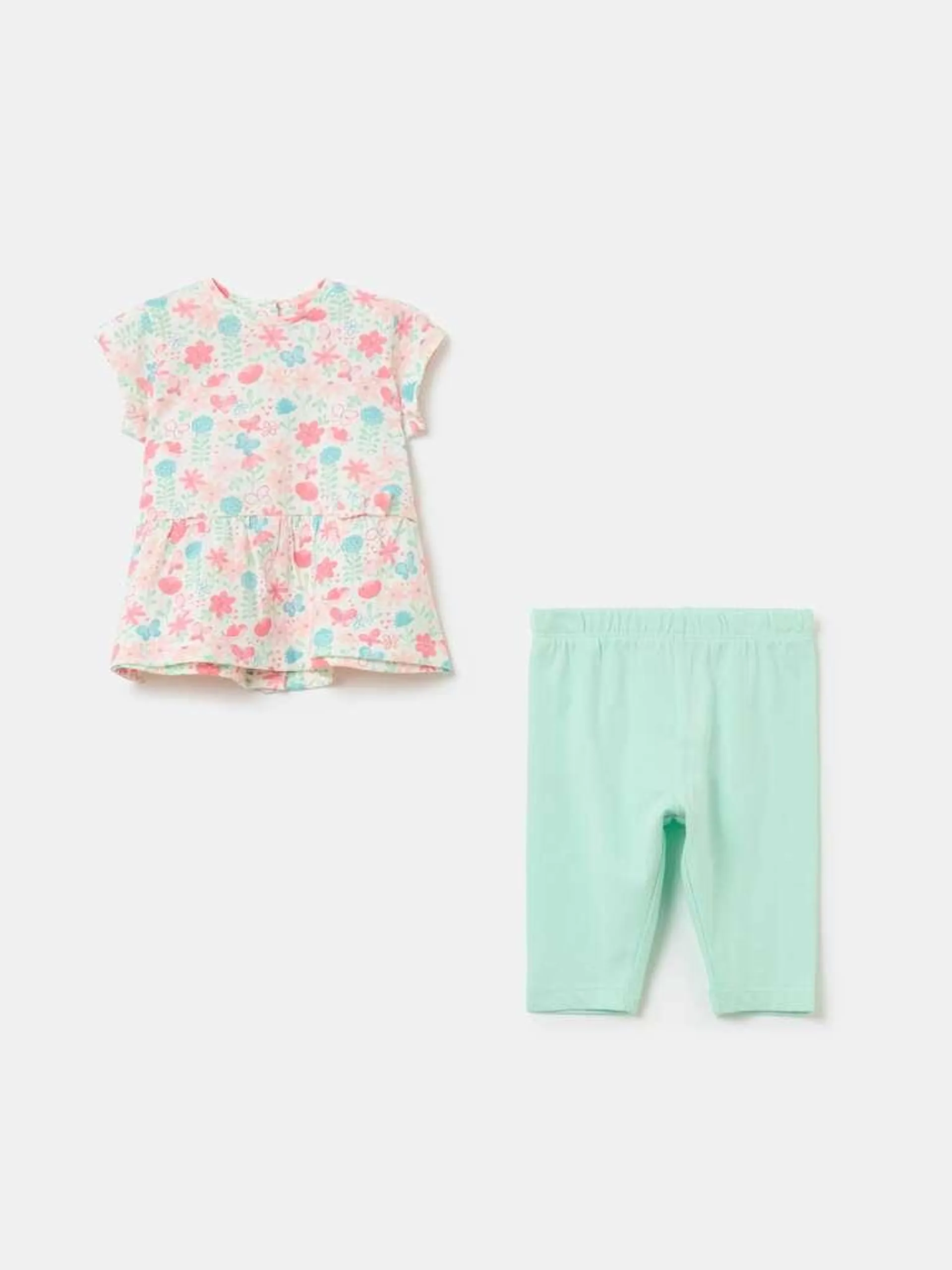 T-shirt and leggings set in organic cotton Blanc/vert aqua