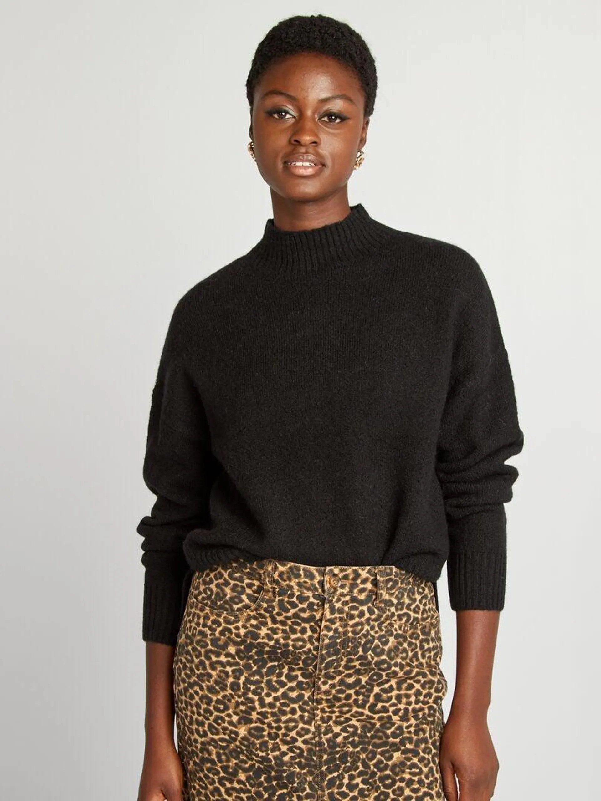 Pull col montant en maille douce - noir