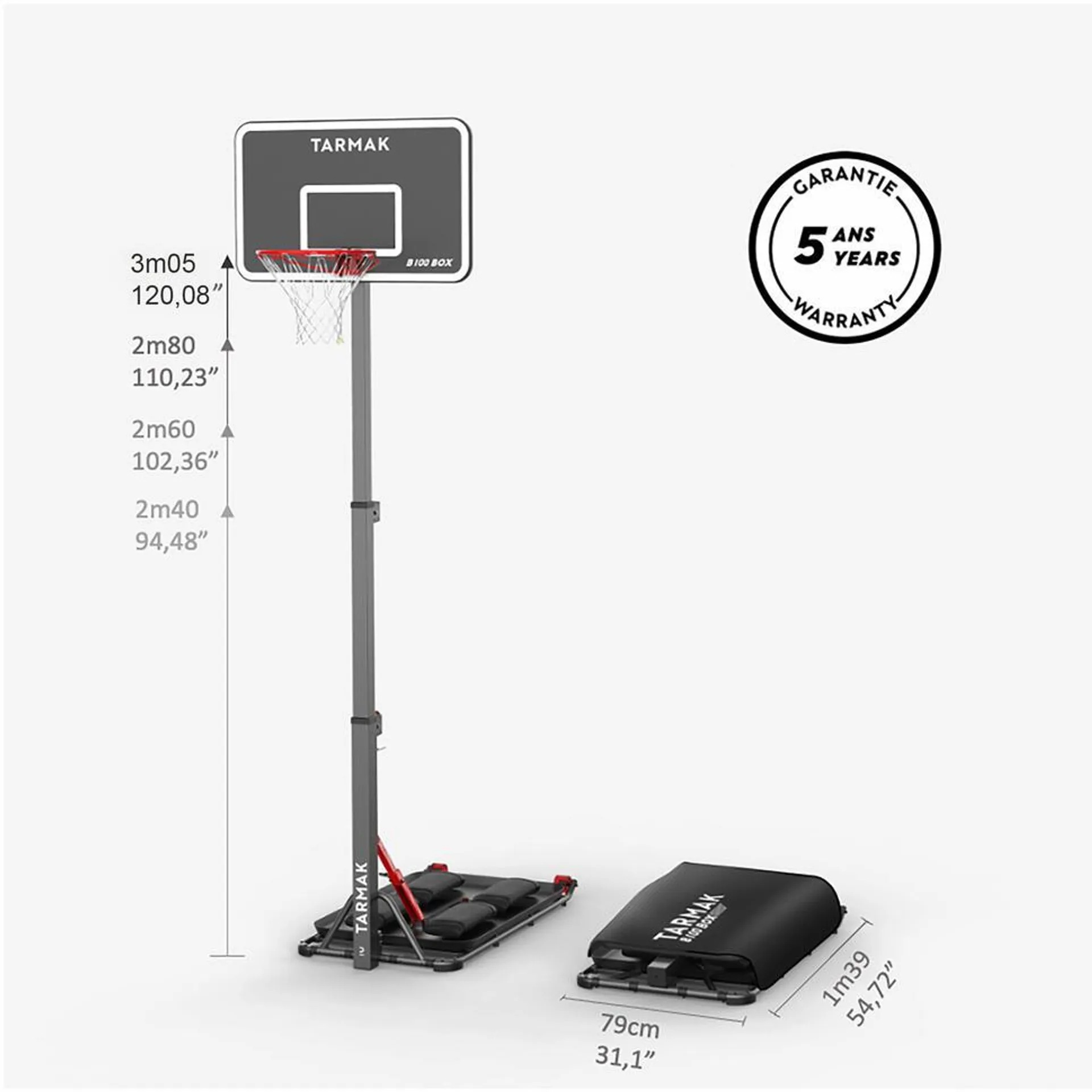 Panier de basket pliable sur roue réglable de 2,40m à 3,05m - B100 Easy Box