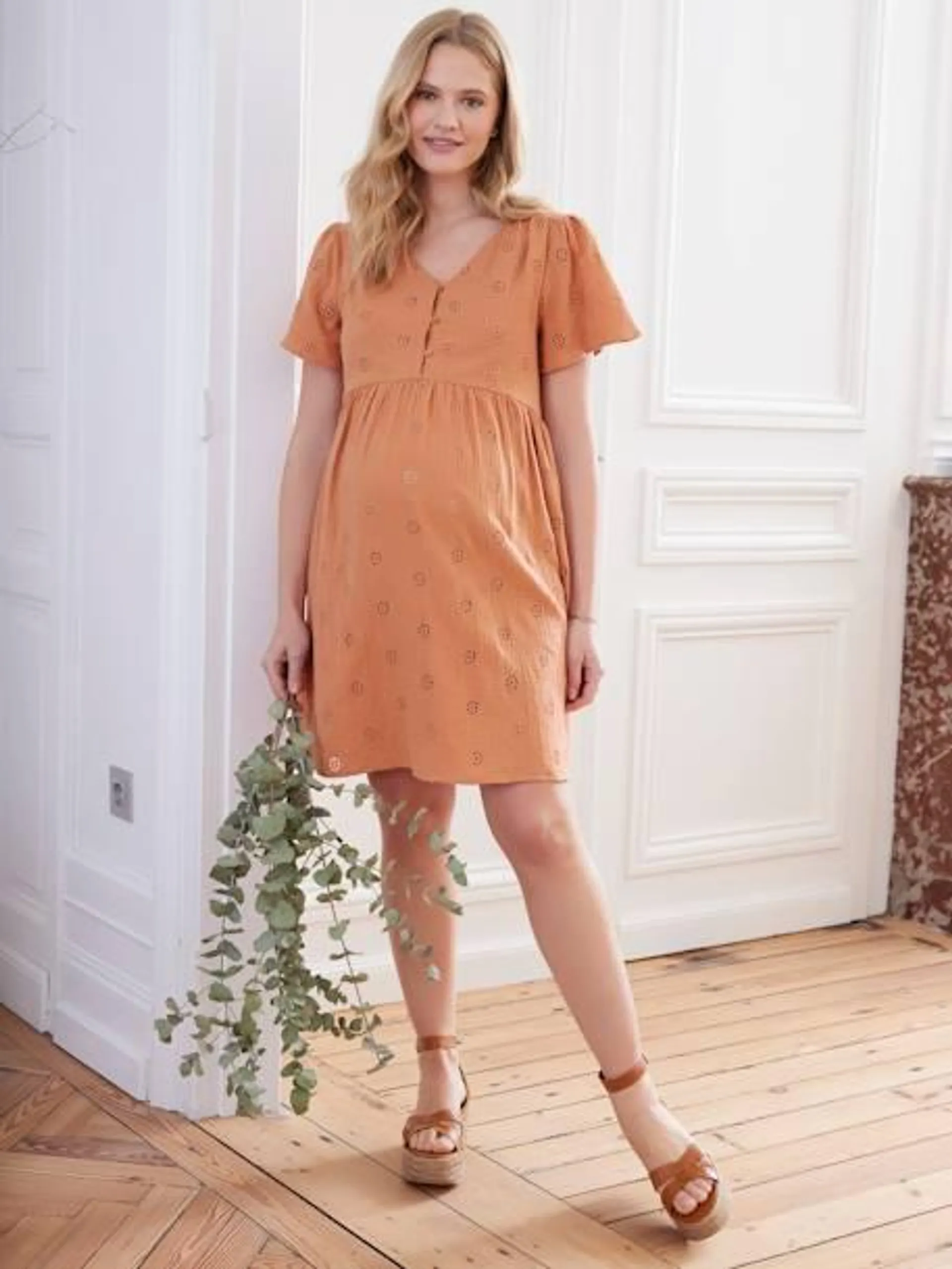 Robe gaze de coton brodé grossesse et allaitement - terracotta