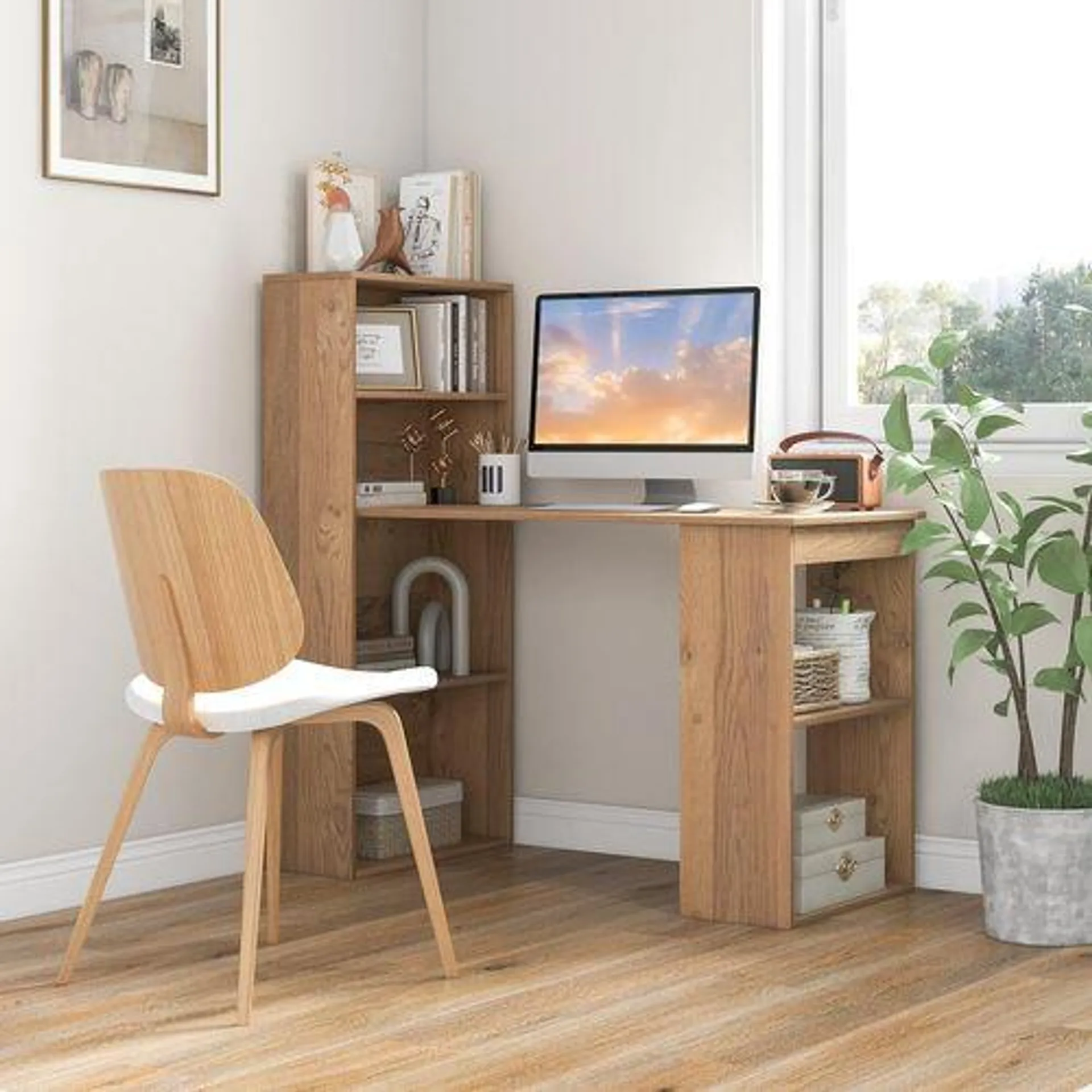 COSTWAY Bureau D'ordinateur Réversible Avec Bibliothèque,assemblage Facile, Pour Maison, Bureaux (naturel)