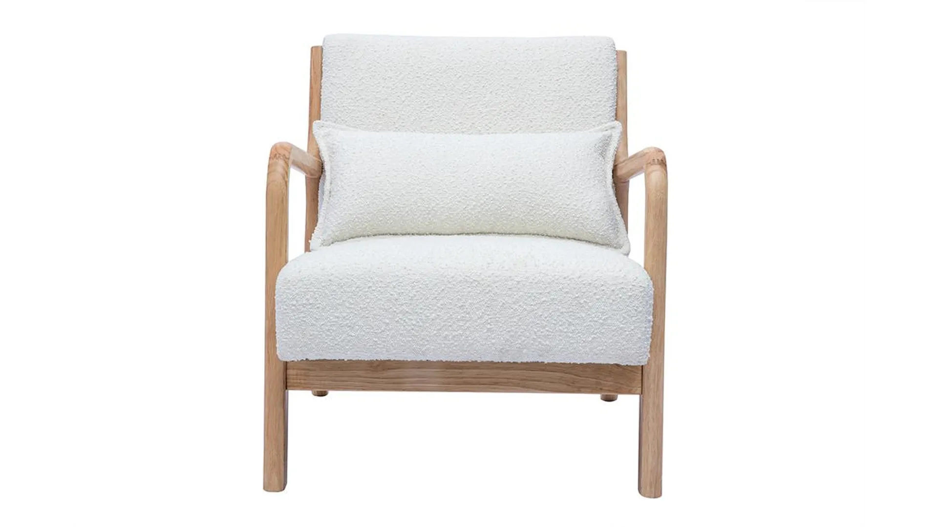 Fauteuil scandinave en tissu effet laine bouclée blanc et bois clair massif DERRY