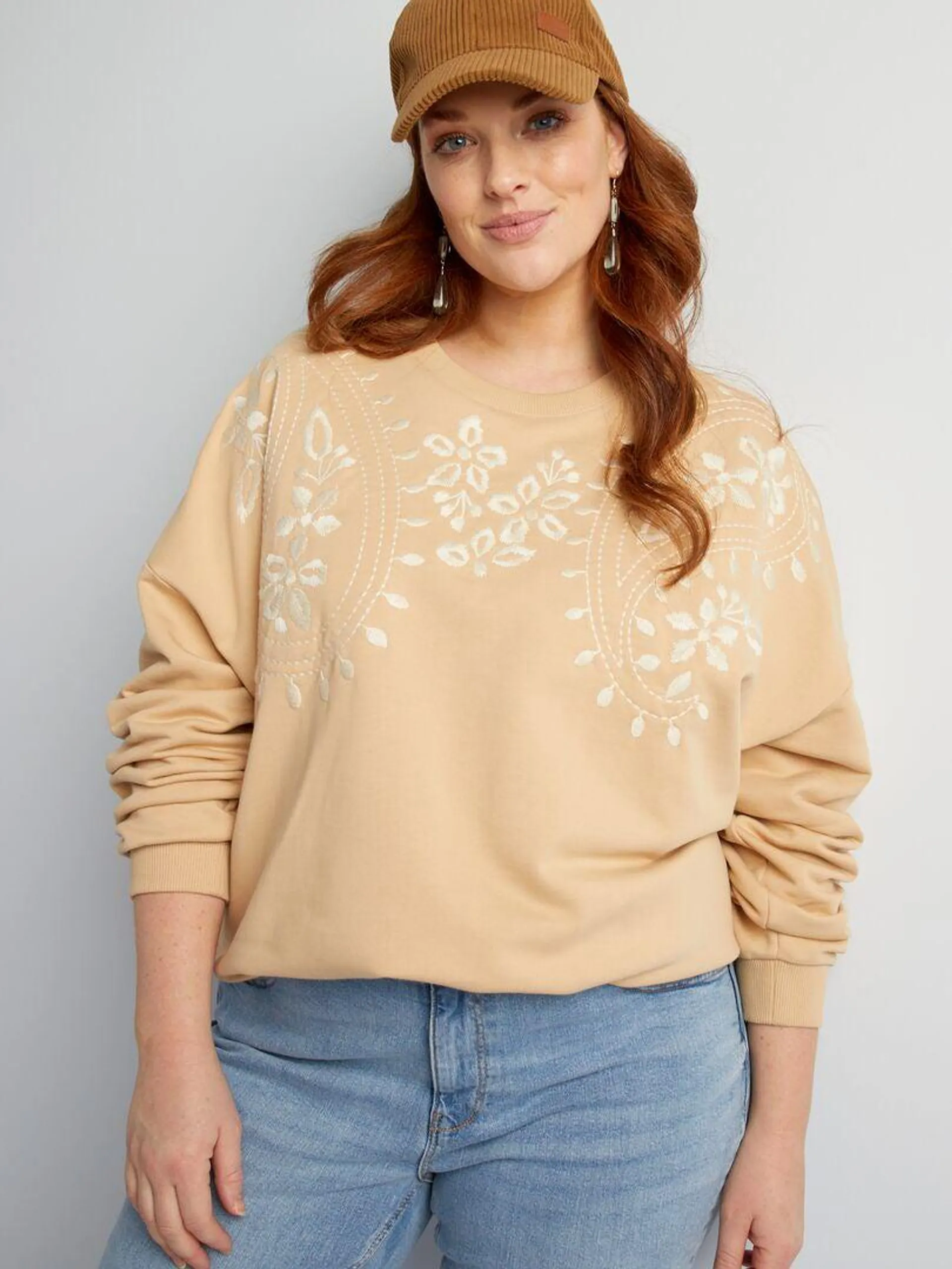 Sweat en molleton avec broderies - Beige