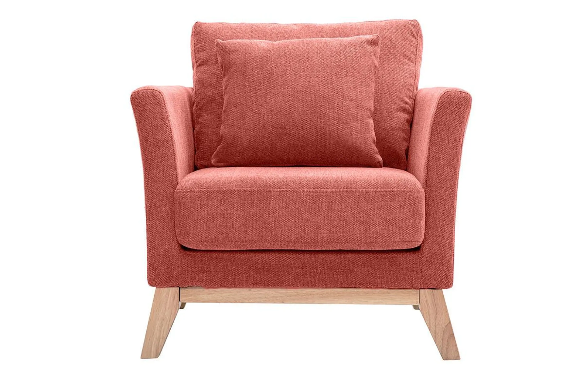 Fauteuil scandinave déhoussable en tissu effet velours texturé terracotta et bois clair OSLO