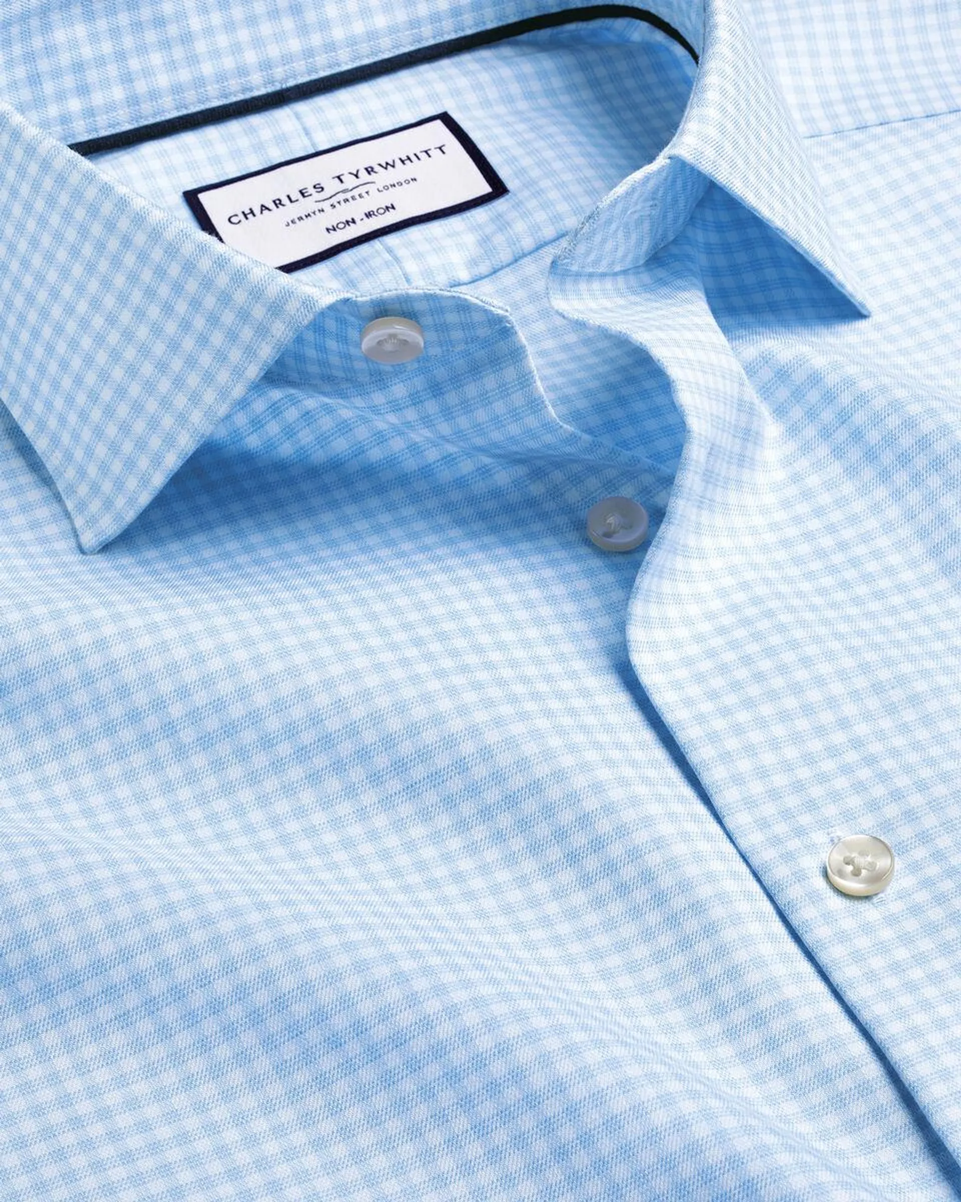 Semi-Cutaway Non-Iron Cotton Linen Shirt Check - Sky Blue