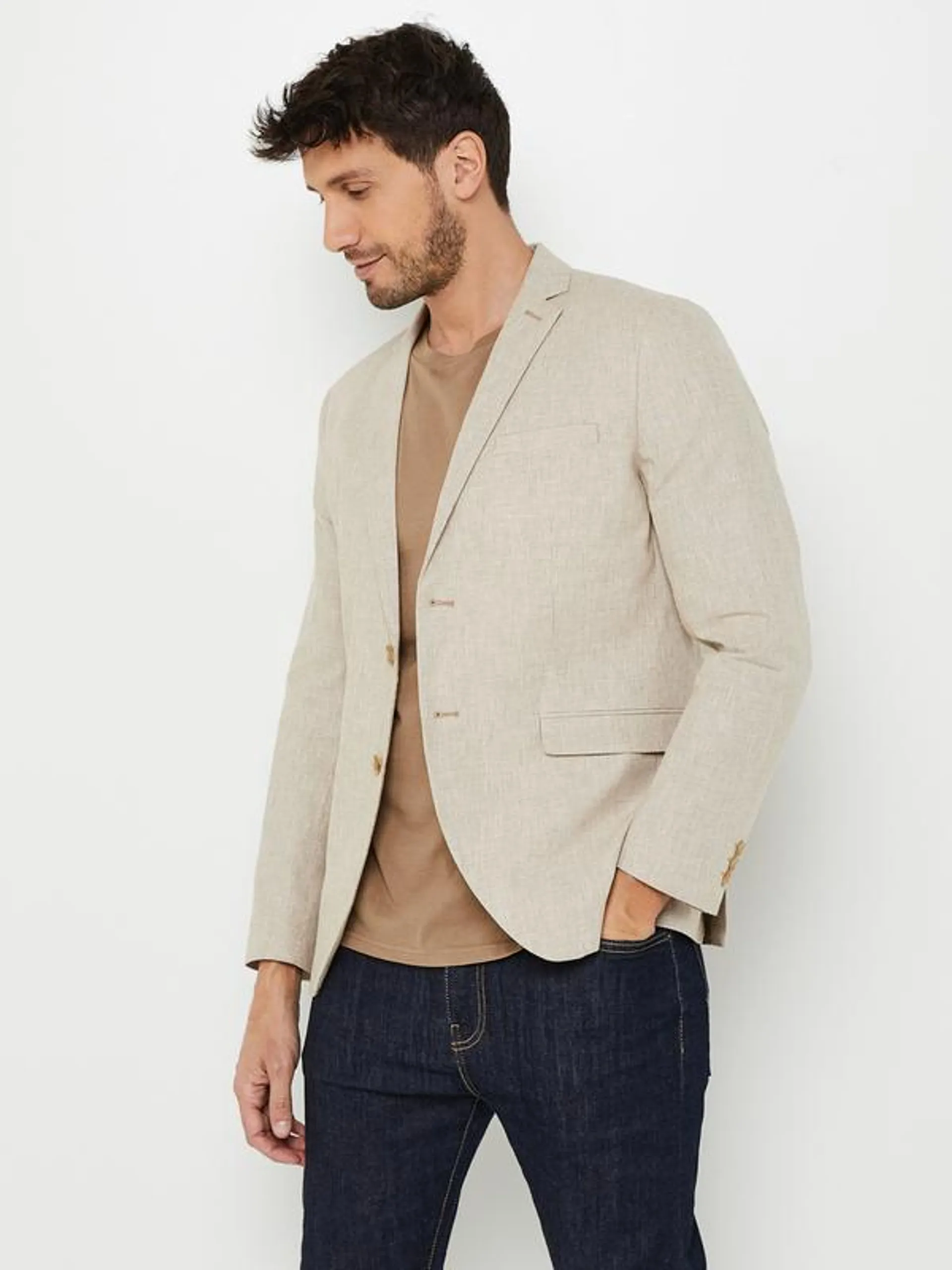 Blazer Slim Prince De Galles En Lin Et Coton - Beige