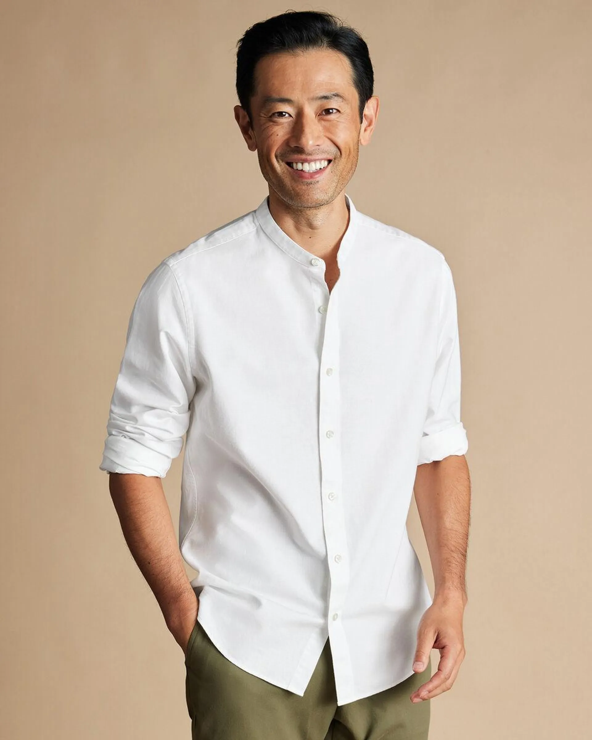 details about product: Collarless Cotton Linen Shirt - White