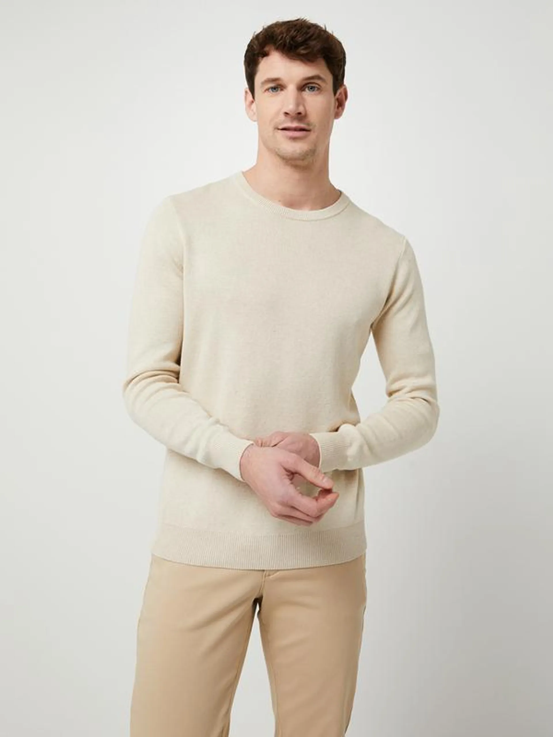 Pull En Tricot Fine Jauge Coton Et Lin - Beige