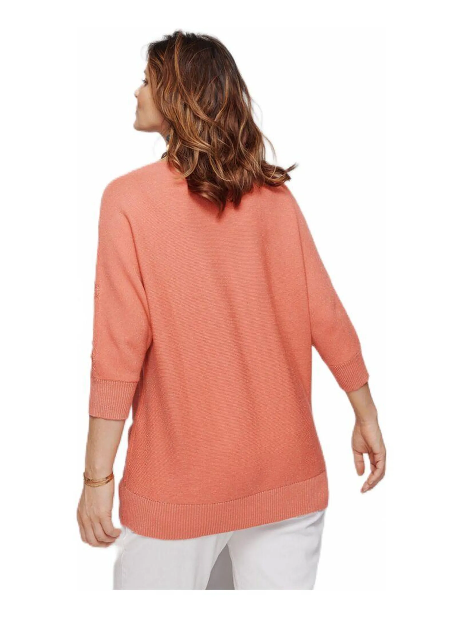 Pull maille brillante fantaisie ajourée - Orange corail