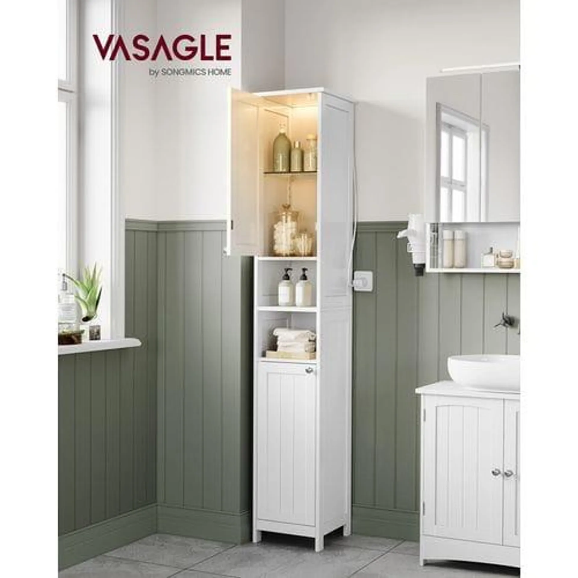 VASAGLE Armoire De Salle De Bain Haute Avec Éclairage, Avec Étagères Réglables, Blanc Nuage