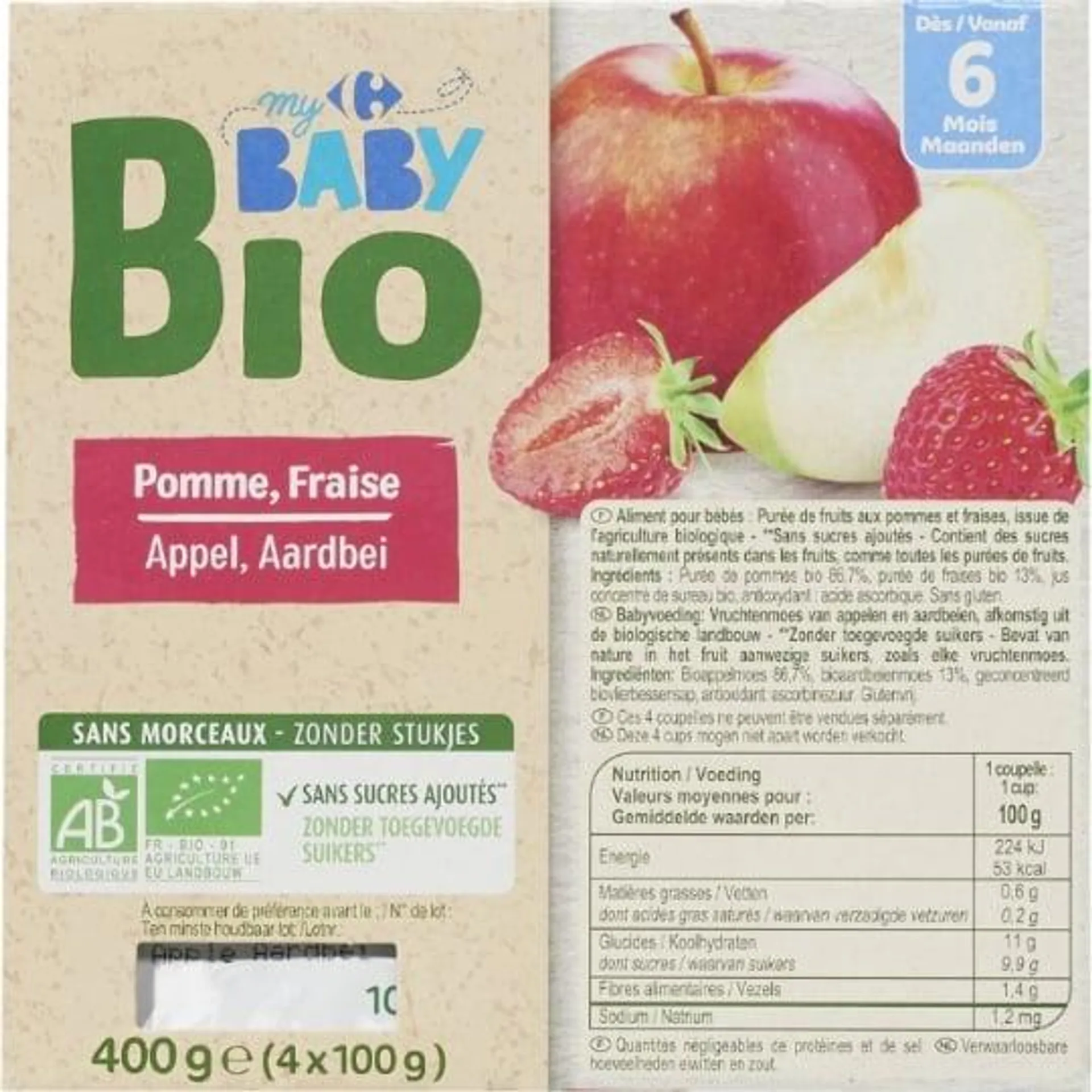 Desserts bébé pomme fraise dès 6 mois Bio CARREFOUR BABY BIO