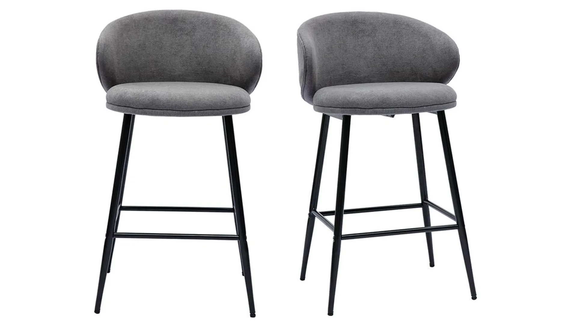 Tabourets de bar design en tissu effet velours gris et métal noir (lot de 2) ROSALIE